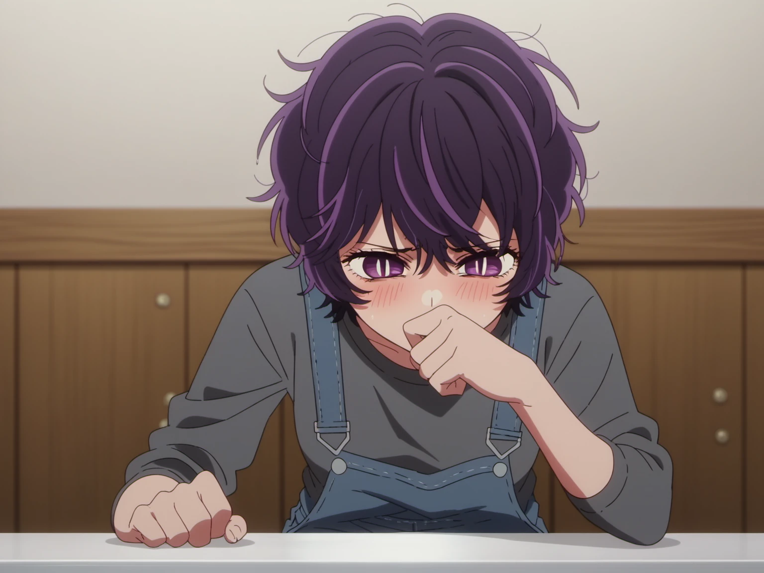 AbikoSamejima, score_10, score_9_up, score_8_up, dark, night, 1girl, short hair, purple hair, streaked hair, messy hair, solo, purple eyes, shy, anime screencap, depth of field,  solo, sparkling eyes, slit pupils, bright pupils, <lora:AbikoSamejima-e10-v2-dadaptation:0.9>,  open clothes, overalls, grey shirt, turned head, sitting at table, black pantyhose