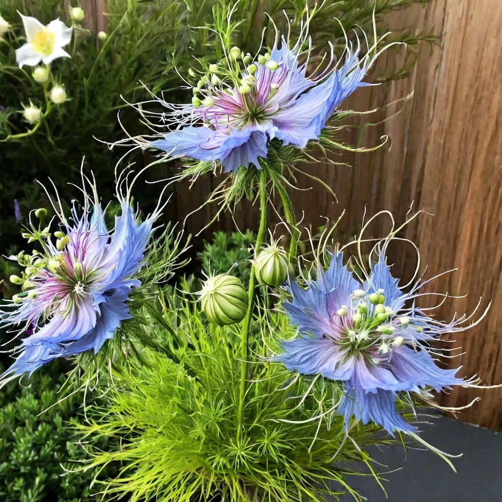 love in a mist flowers with stem ingrid-elias-style in a garden  <lora:ingrid_elias_style_v2:.7>