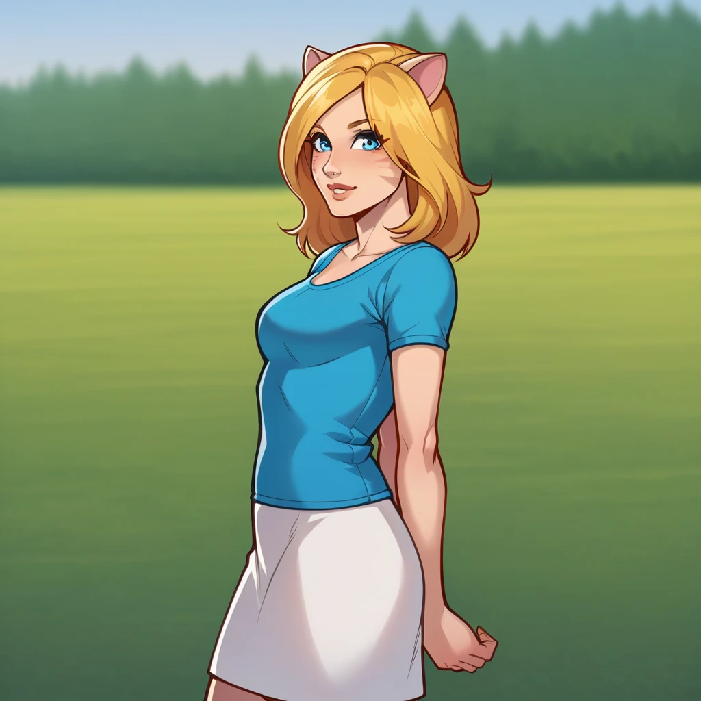 score_8_up, BREAK, SUNSHINEGOODNESS, 1girl, solo, blonde hair,  blue eyes, animal ears, cat ears, blue shirt, short sleeves, white skirt,  <lora:SunshineGoodness_PXL_Leaf1:0.8>, cowboy shot, arms at sides, depth of field, looking at viewer,