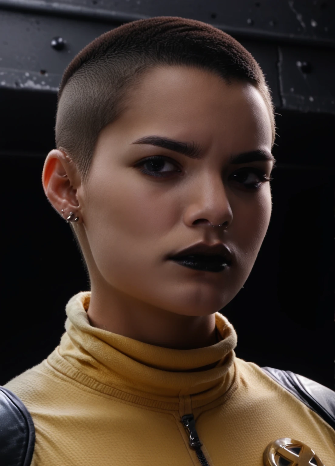 1girl, solo, black lipstick, earrings, portrait, buzz cut, yellow bodysuit (DP1)<lora:Negasonic:0.9> n3gasonic, solo focus, close up, looking at the viewer, score_9, score_8_up, score_7_up, score_6_up