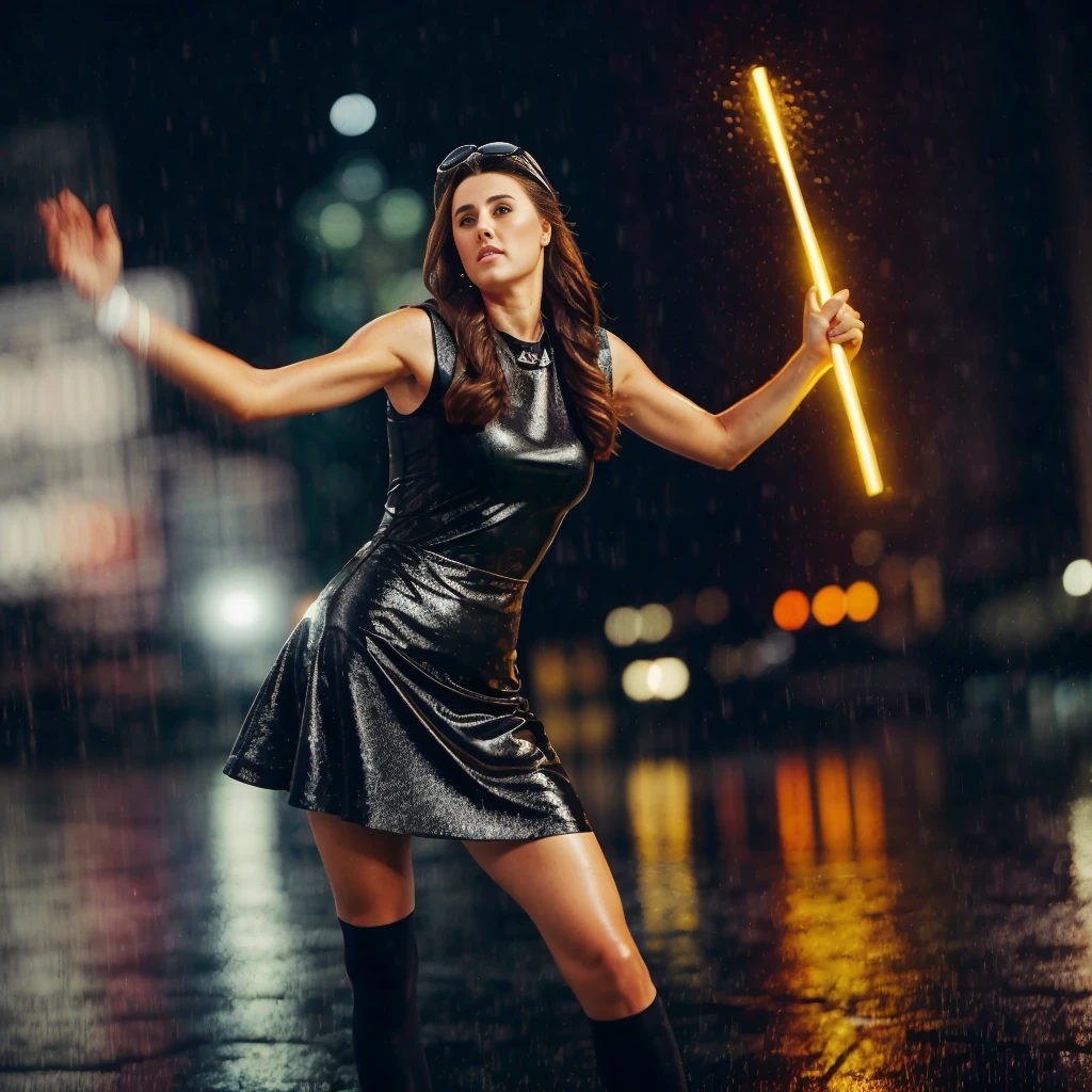 Amsterdam,  <lora:MariaBalikoeva:1>24 year old Maria Balikoeva, decently dressed, posing for a photo singing in the rain , 4k,raw,  fashion, masterpiece