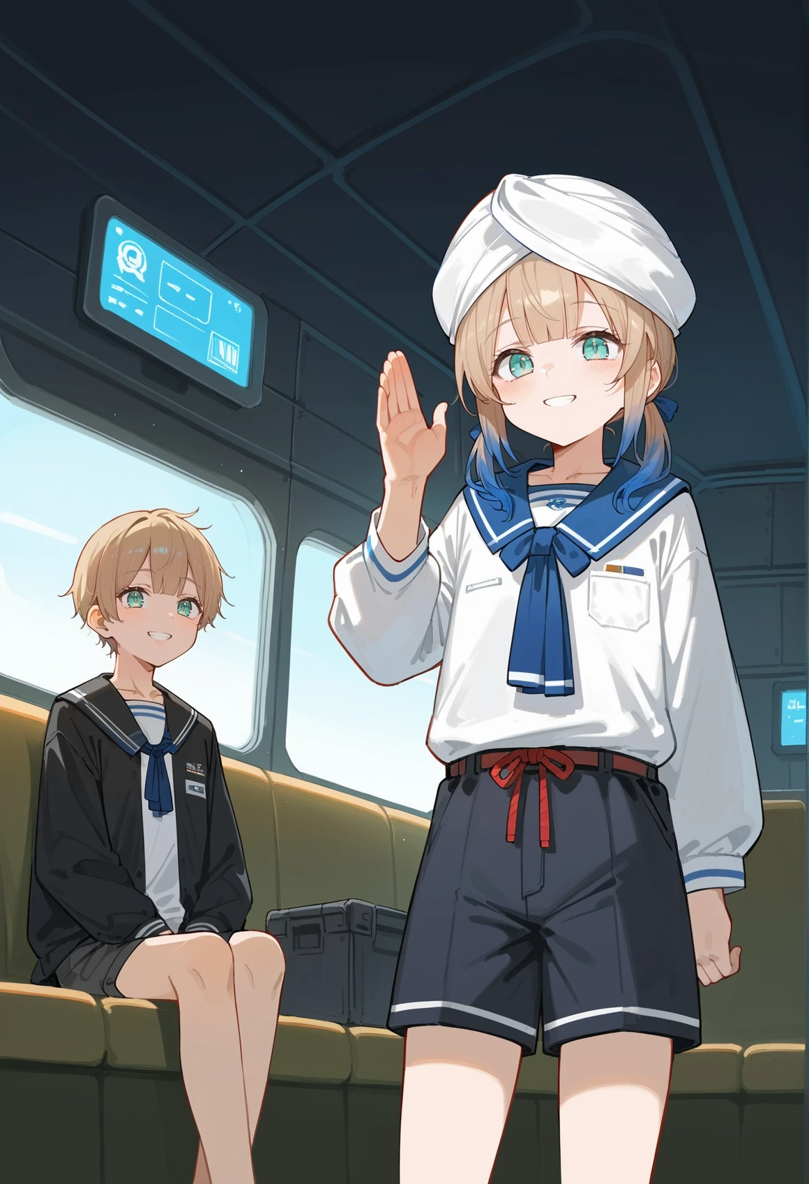 3boys, smile, salute, twins, indoors, spacecraft interior, multicolored hair, gradient hair, blonde hair, blue hair, blue eyes, androgynous, 1boy, short hair, low twintails, turban, serafuku, shorts, indoors, spacecraft interior,  standing <lora:Nemo_XL:1>, score_9, score_8_up, score_7_up, score_6_up, score_5_up, score_4_up, BREAK source_anime, masterpiece