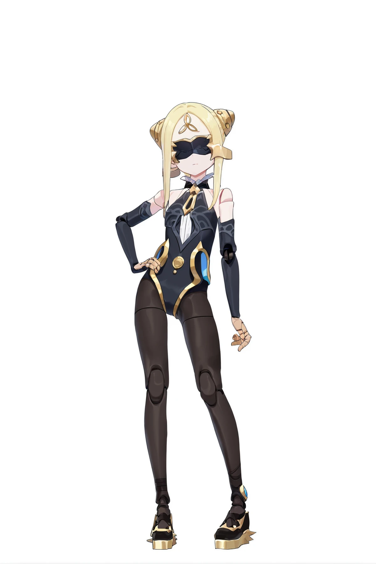 kat from gravity rush, kitten_regular_costume,gdkat, dark skin, dark-skinned female, hairband, leotard, strapless, leg warmers, high heels, vambraces, black scarf, bare shoulders