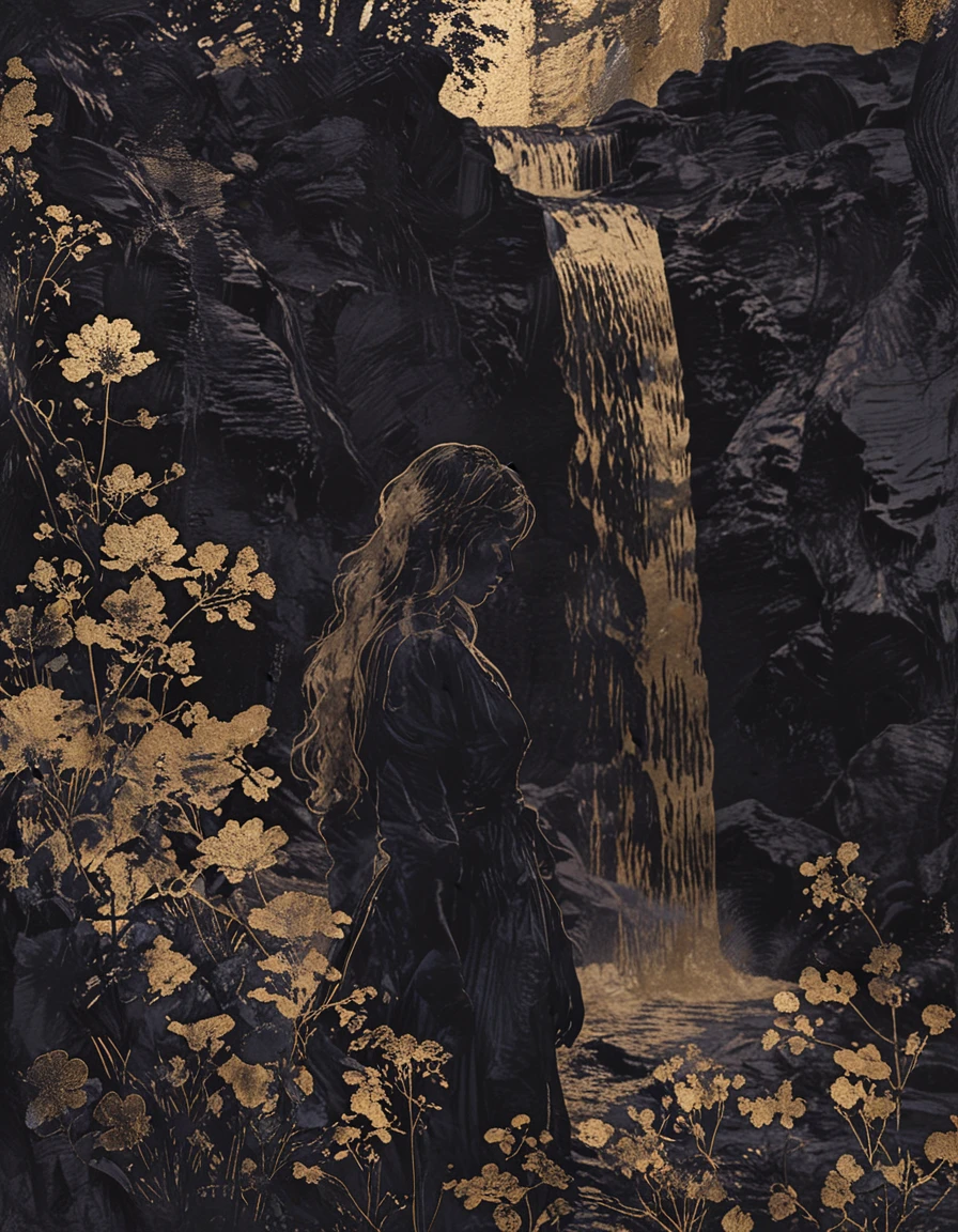 woman in a landscape with a waterfall and flowers illustration with gold foil  <lora:novuschroma27 style:1.4> novuschroma27