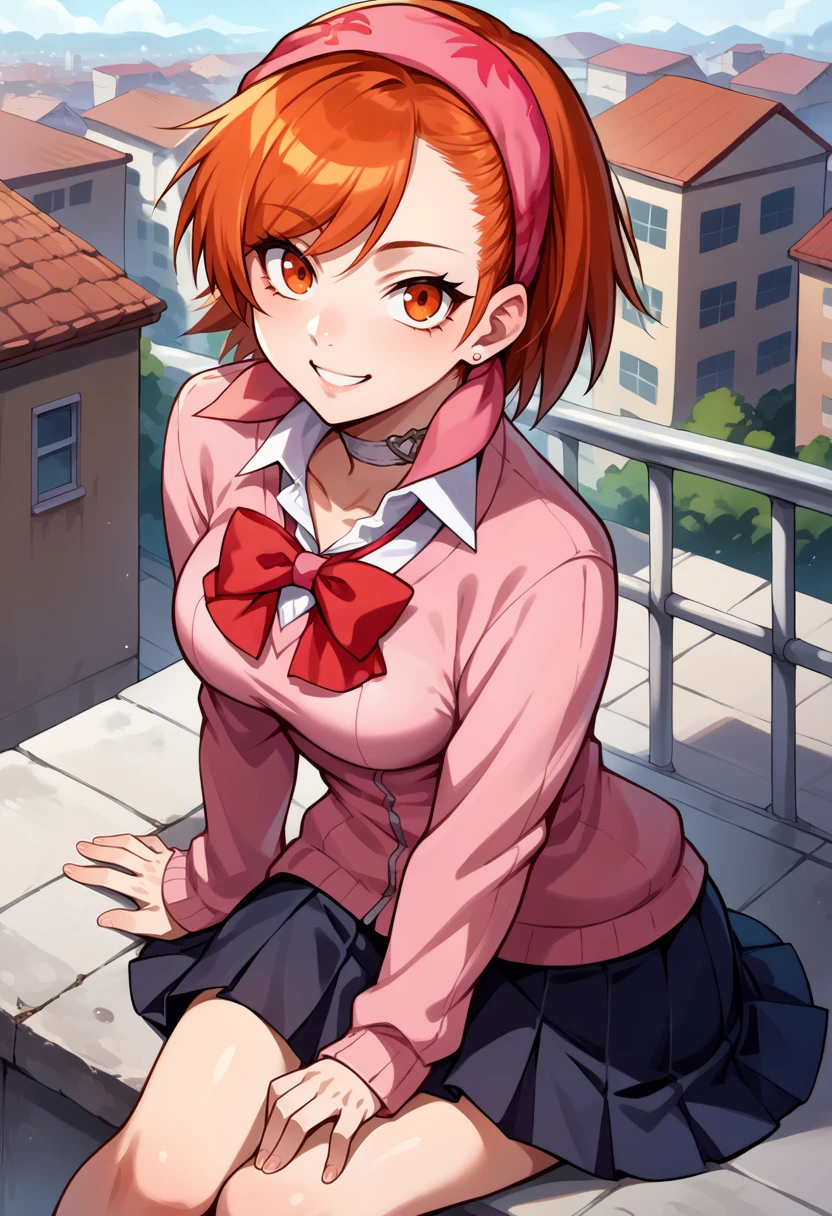 score_9, score_8_up, score_7_up, source_anime, BREAK, solo, 1girl, looking at viewer,  smile, <lora:Yuzu-pdxl_Fp:1>, yuzudesu, orange hair, orange eyes, short hair, bandana,  <lora:persona3_takeba_ponyXL:0.6>, gekkoukan high school uniform, pink cardigan, red bow, long sleeves, black skirt, earrings, white choker, sitting, rooftop,