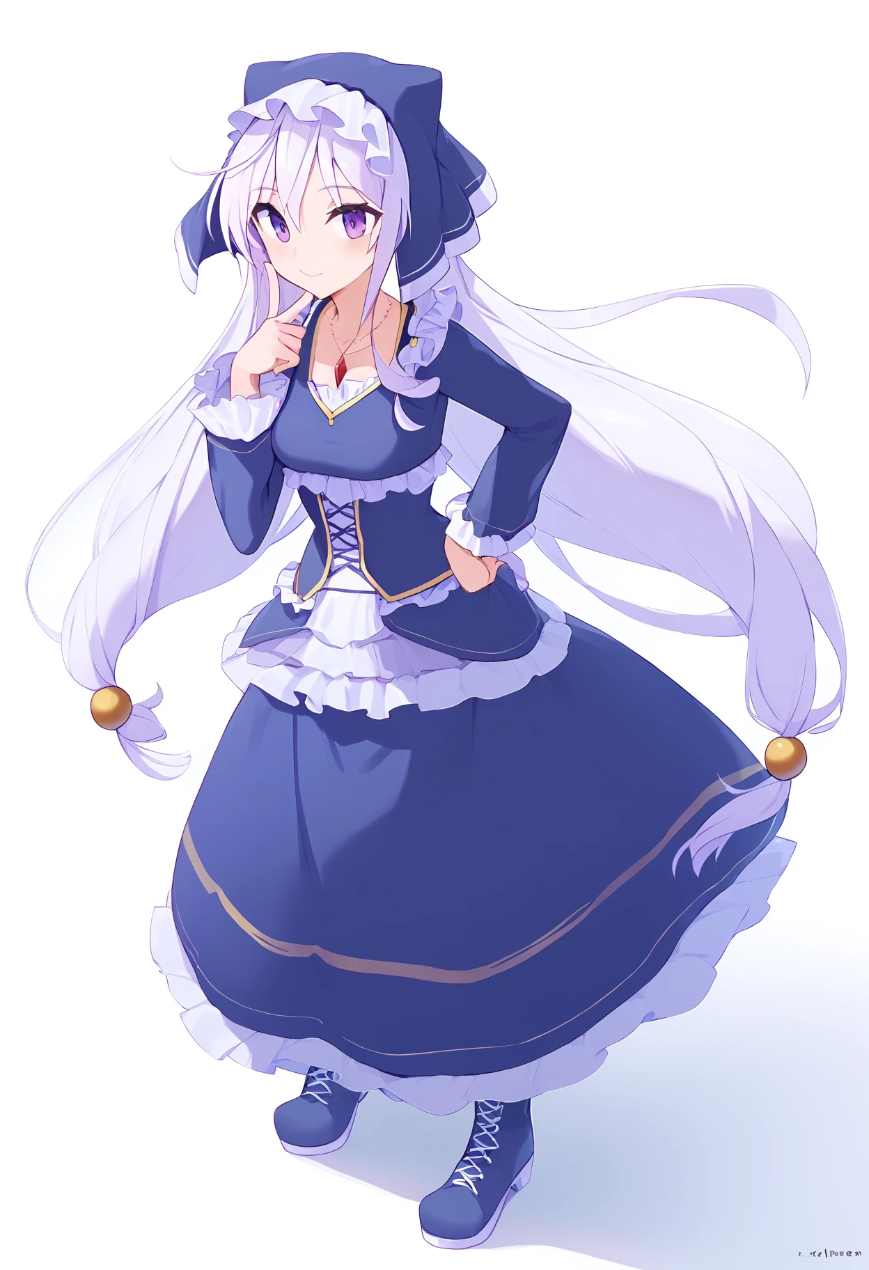 1girl,
eris \(konosuba\),
looking at viewer, habit, necklace, white hair, white background, dress, hair ornament, flower, hair flower, very long hair, blush, purple eyes, white rose, jewelry, holding, rose, cross-laced footwear, long sleeves, holding necklace, full body, veil, long dress, frilled sleeves, blue footwear, hand on own hip, index finger raised, long hair, smile, frills, white flower, lace-up boots, boots, standing, holding jewelry, blue dress, frilled dress, finger to mouth, simple background, solo,
score_9, sfw
<lora:pony_char_eris_(konosuba)-000075:1>