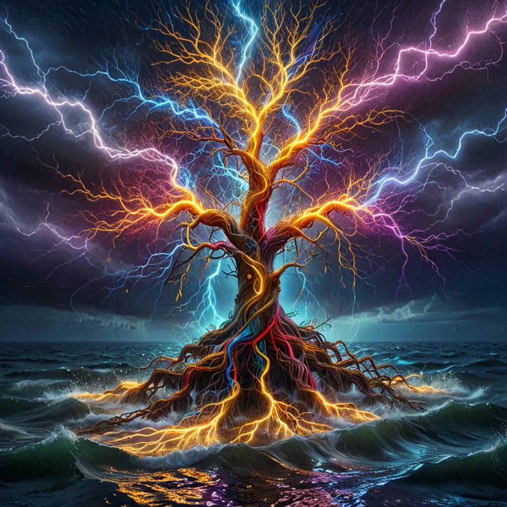 lthndrtrl, solo,tree in the middle of the ocean with branches and leaves and trunk made of golden and blue and red and yellow and purple lightning thunder trails  <lora:lthndrtrl_V3_4:0.4>