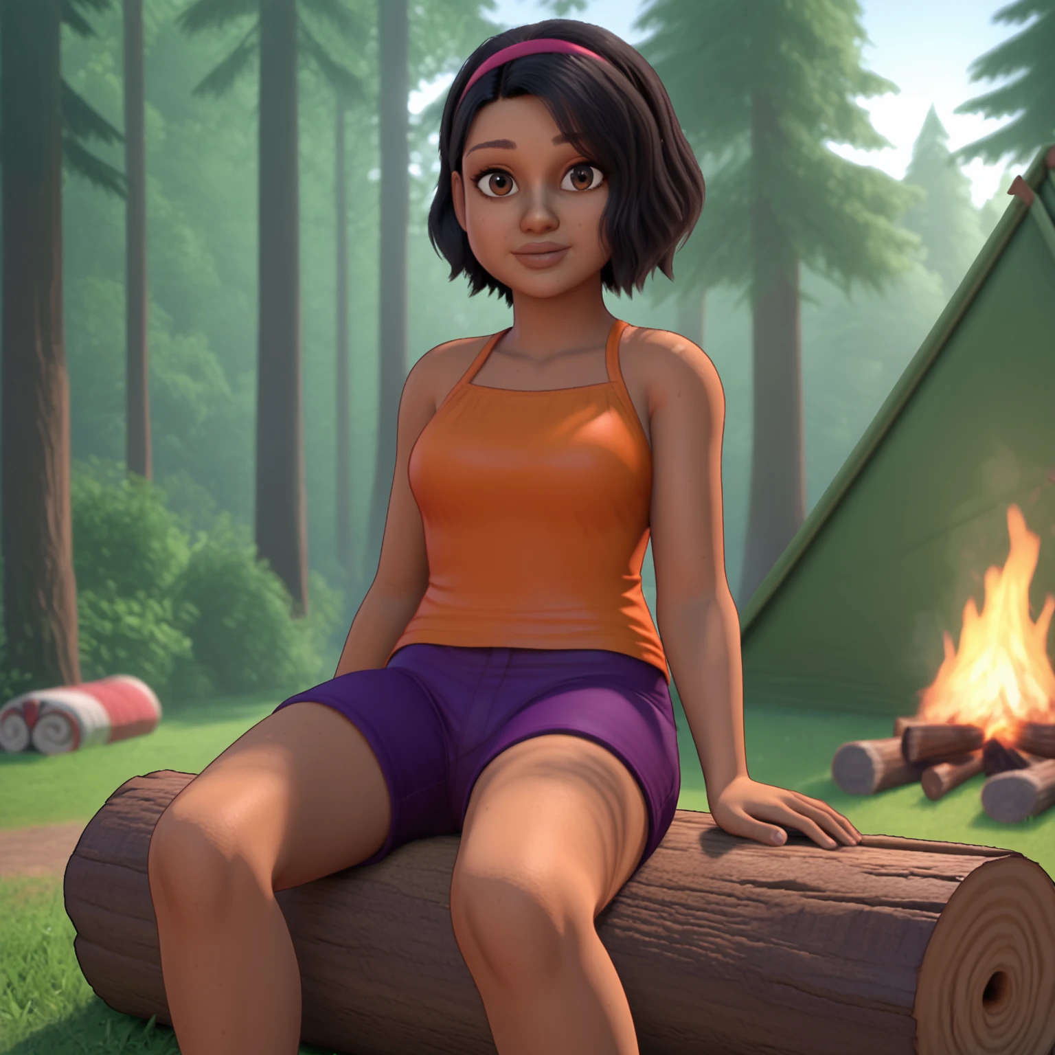 1girl, solo, <lora:Sammy Gutierrez - Jurassic World Camp Cretaceous-000010:1>, SammyGutierrez, black hair, short hair, pink hairband, brown eyes, dark-skinned female, orange crop top, purple shorts, cowboy shot, day, outdoors, campfire, tent,  forest, looking at viewer, sitting, sitting on log,