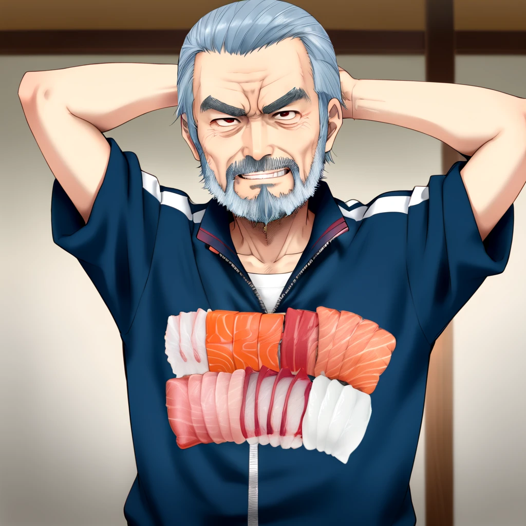 <lora:sashimi_SDXL:0.7>,
grey_hair, male_focus, thick_eyebrows, beard, mustache, manly, animification, old_man, sushi locket, sashimi dog_tag, evil grin blue_T_tracksuit, mature beard thin old man, isaku, shuusaku, kisaku, arms behind head