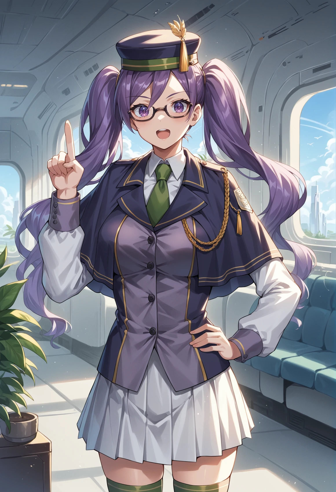 1gir, long hair, purple hair, twintails, purple eyes, mortarboard, hat, school uniform, White shirt, long sleeves, vest, green necktie, capelet, white skirt, thighhighs, glasses, pointing up, hand on own hip, proud, open mouth, indoors, spacecraft interior, bed, plant, white walls, glasses <lora:Sion_XL-000009:1>, score_9, score_8_up, score_7_up, score_6_up, score_5_up, score_4_up, BREAK source_anime, masterpiece