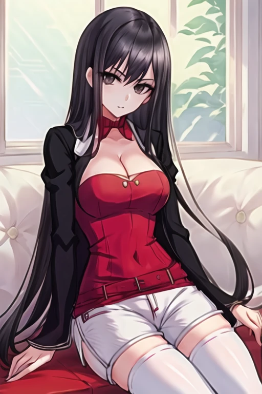 zhu zhuqing,long hair, black hair, cleavage,black jacket, red strapless dress,white shorts,thigh highs,sitting,looking at viewer<lora:Zhu_Zhuqing_-_Douluo_Dalu_I_Manhua:1>