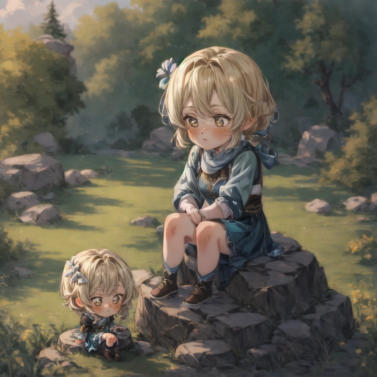 2girls, <lora:chibihangout:0.8>, chibihangout, chibi, size difference, minigirl, <lora:lumine1-000008:0.7>, luminedef, blonde hair, gold eyes, outside, sitting on rock, very detailed, <lora:more_details:0.6>, high quality, highres, masterpiece, best quality, 8k, intricate, detailed, <lora:add_detail:0.6>