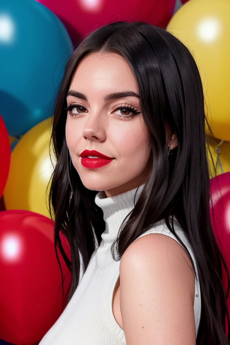 samboss-2844, ((detailed skin, detailed face,detailed eyes, beautiful eyes)), ((red lipstick, eyeliner, eye shadow, blush)),
, photo of a woman, ,fashion portrait photo of a woman from the 60s wearing a red turtleneck standing in the middle of a ton of balloons, taken on a hasselblad medium format camera,