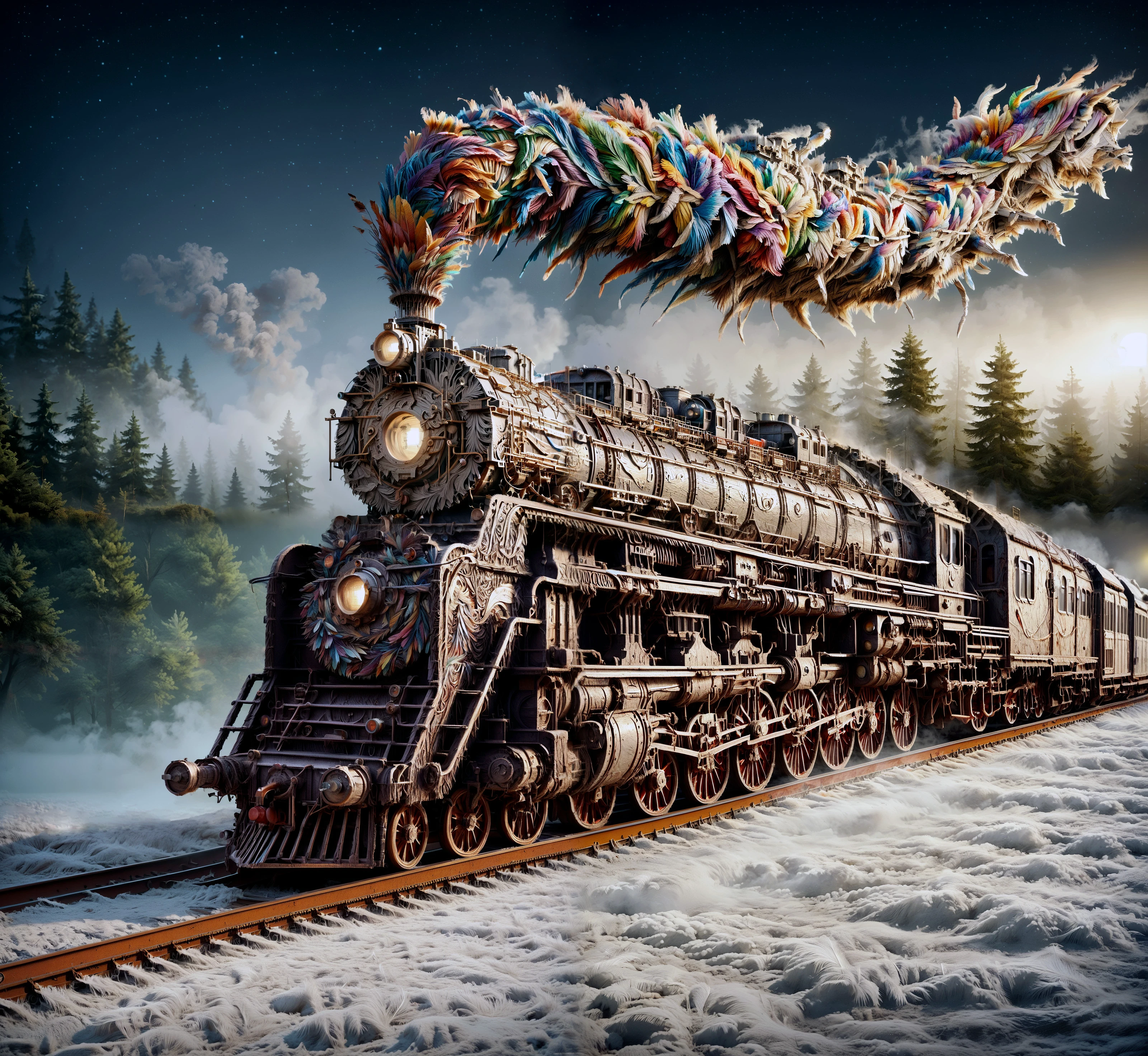 score_9, score_8_up, score_7_up,

f347h3r5, train is made entirely of colorful feathers, sharp detail, 

night,