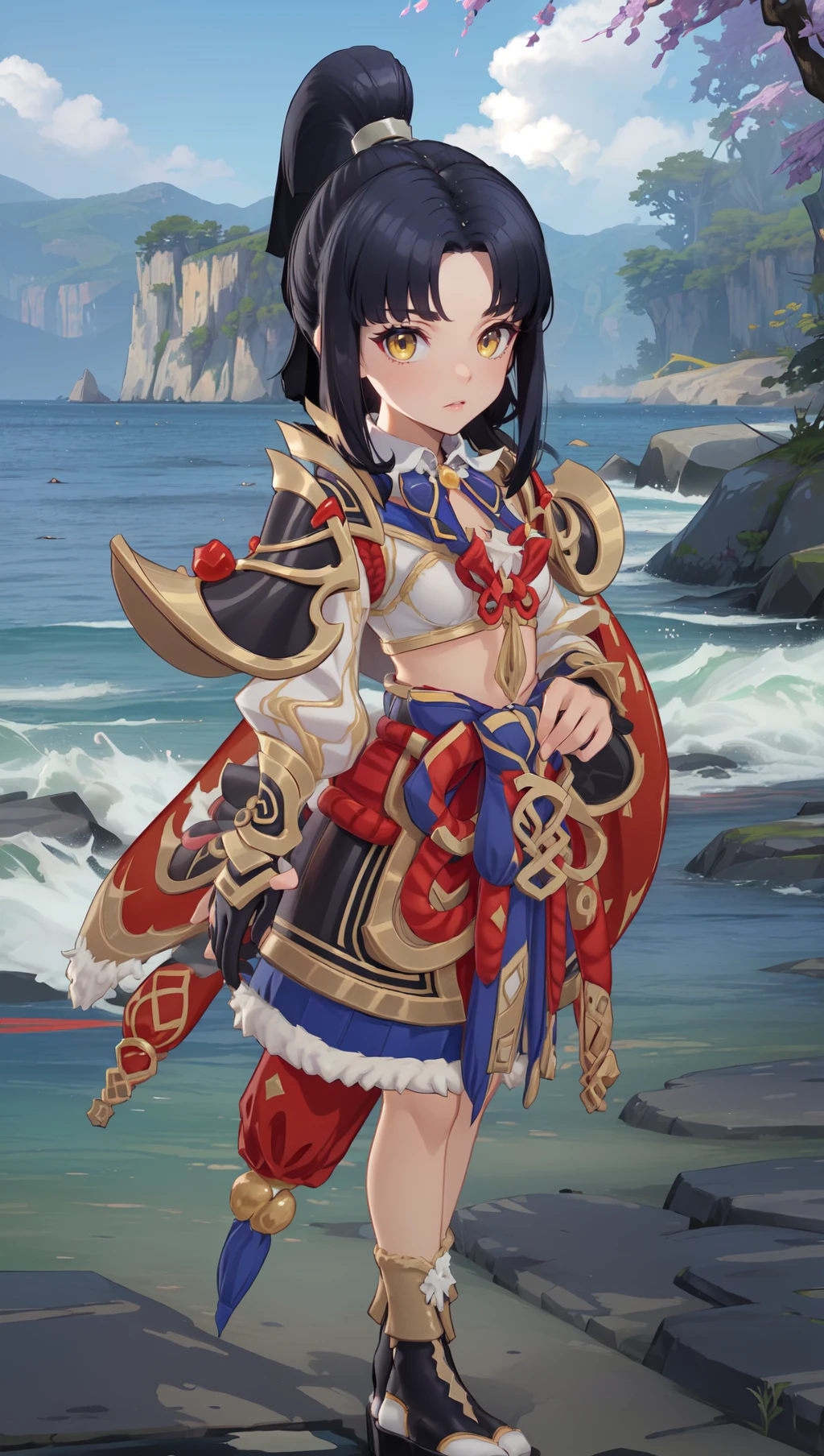 rom_amaterasu, 
(masterpiece, best quality, beautiful and aesthetic:1.3), full body, 1girl, blue theme, light smile,  solo, standing, looking at viewer, blurry, depth of field, waves, ocean, scenery, water, reflection light, dreamy, shiny skin, beautiful face, beautiful eyes, extreme detailed, official art, professional illustration, hires, 
 <lora:rom_amaterasu-10:0.8>, <lora:add_detail:0.5>