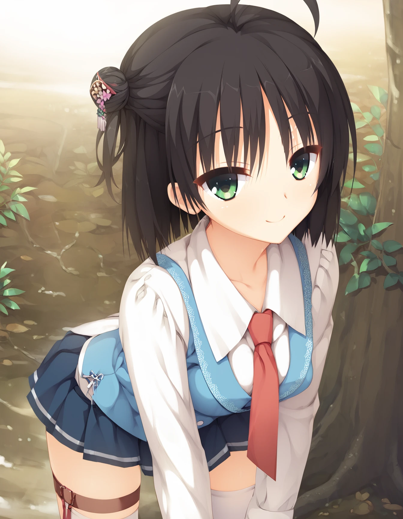 (score_9,score_8_up,score_7_up),source_anime,best quality,masterpiece,
1girl,solo,
outdoors,smile,looking up,looking at viewer,standing,leaning forward,
hitachi_mako,yuzu-soft,black_hair,medium_hair,green_eyes,ahoge,medium_breasts,
hitachi_mako_casual_1,casual_1,hair_bun,single_hair_bun,single_side_bun,tassel_hair_ornament,necktie,red_necktie,vest,blue_vest,shirt,white_shirt,collared_shirt,long_sleeves,blue_skirt,miniskirt,pleated_skirt,thighhighs,white_thighhighs,thigh_strap,zettai_ryouiki,