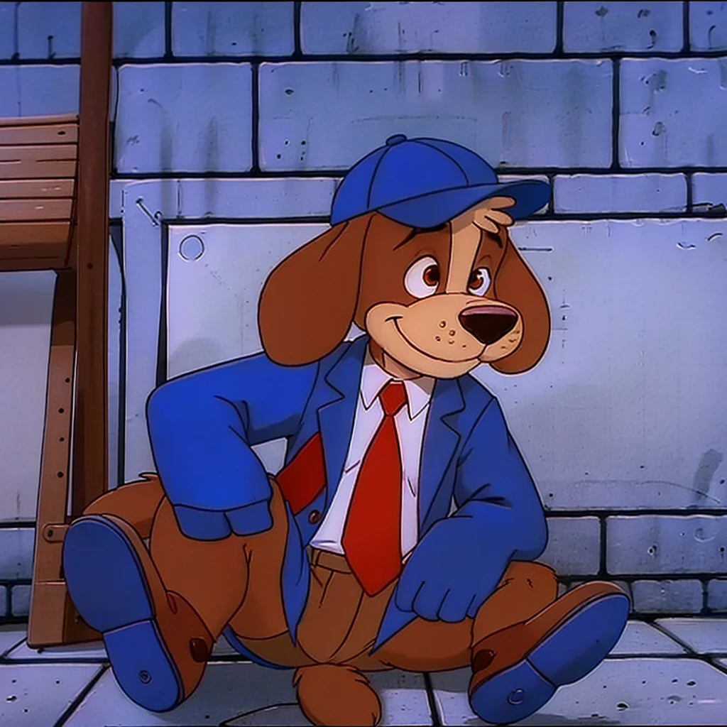 1boy, solo, furry male, dog boy, brown fur, body fur, brown eyes, short hair, long ears, dog nose, tail, school uniform, blue jacket, white collared shirt, red necktie, long sleeves, blue baseball cap, blue shorts, brown shoes,
smiling, (portrait),
(classroom background), (best quality), <lora:Eddie Dog City_epoch_17:0.8>