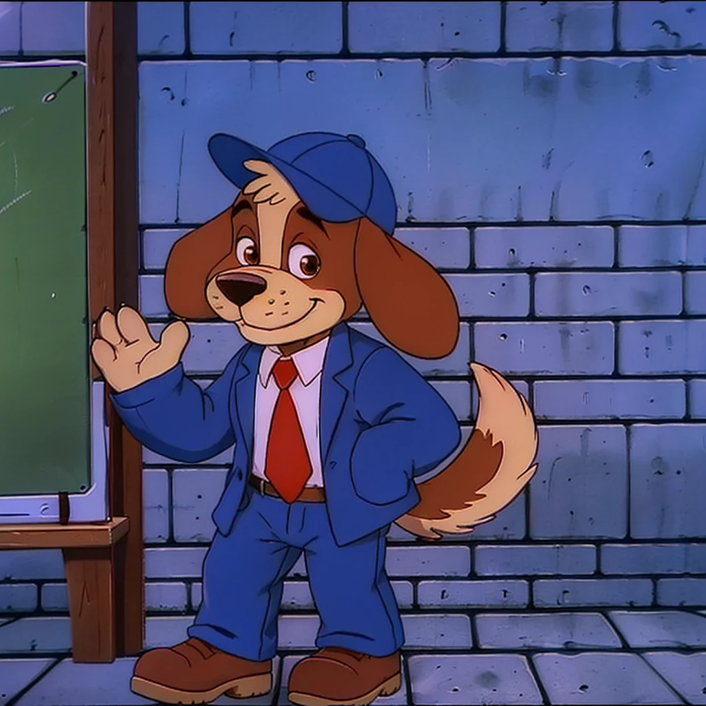 1boy, solo, furry male, dog boy, brown fur, body fur, brown eyes, short hair, long ears, dog nose, tail, school uniform, blue jacket, white collared shirt, red necktie, long sleeves, blue baseball cap, blue shorts, brown shoes,
smiling, waving, (portrait),
(classroom background), (best quality), <lora:Eddie Dog City_epoch_17:0.8>