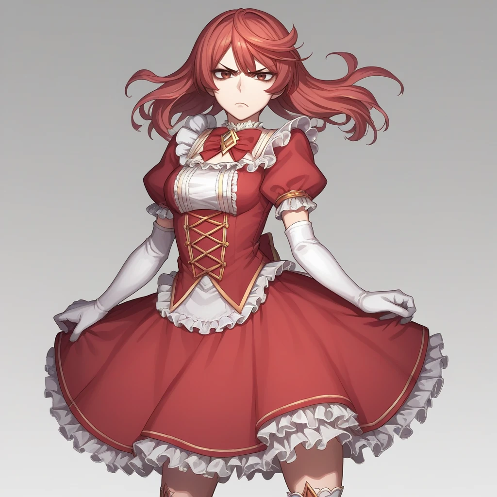 score_9, score_8_up, score_7_up, score_6_up, score_5_up, score_4_up, zPDXL2,source_anime,rating_questionable,solo, 1girl, scowl, looking at viewer, <lora:Magical_Girl_Outfit:0.6> mag1caloutf1t, long red dress, jewelry, elbow gloves, puffy sleeves, frills, lace , magical girl,