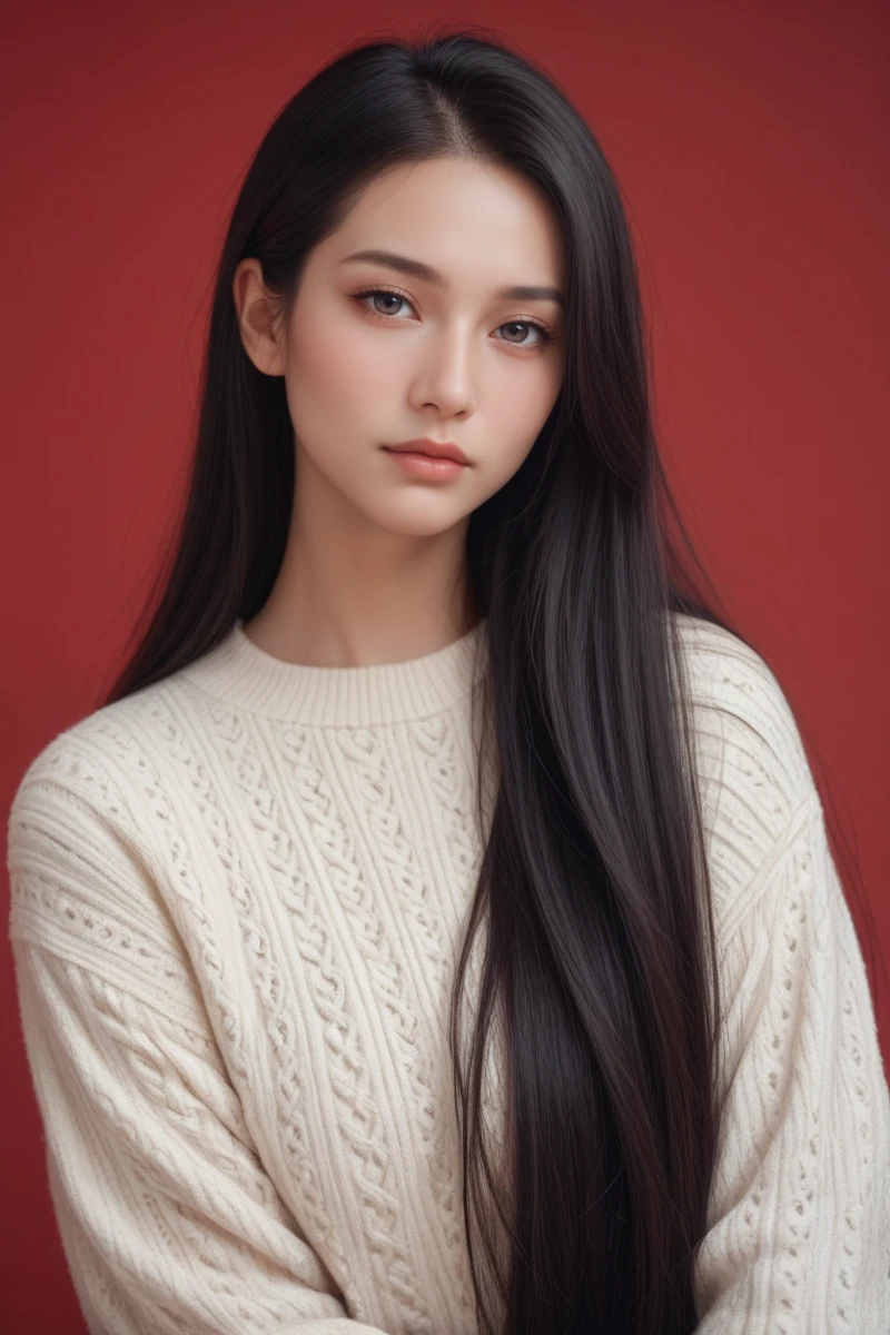 ,score_9,score_8_up,score_7_up, 20 years old, 8k, hd, beautiful girl, black hair, very long hair, straight hair, closed mouth,
1girl, detailed face, beautiful woman's face, sweater, red background, looking at viewer,