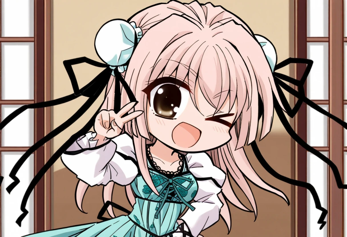 <lora:HanamatsuriKarinXL:1> <lora:ciallo:1>, 1girl, solo, Hanamatsuri Karin, (ciallo:1.5), aqua dress, double bun with black ribbon, white sleeves, black ribbon on the waist, aqua ribbon on the chest, flower print on the chest, lace trim, frills, chibi, one eye closed, open mouth, ;d, v