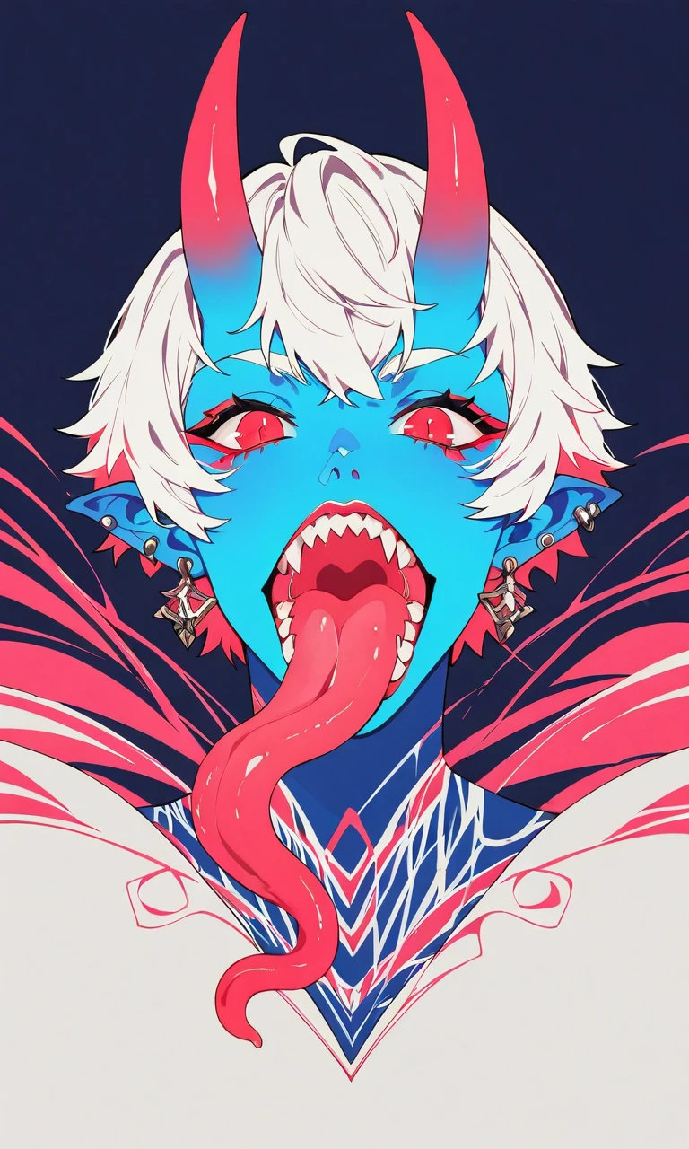 score_9, score_8_up, score_7_up, well drawn, (vivid colors, saturated colors:1.1), immaculate, highly detailed, intricate, masterpiece, rating_safe,
1girl, solo, soukaku, demon girl, (colored skin:1.1), (blue skin:1.1), oni horns, white hair, short hair, red eyes, pointy ears, ear piercing, Mmouth, open mouth, sharp teeth, colorful tongue, long tongue, Mmouth, open mouth, sharp teeth, colorful tongue, long tongue