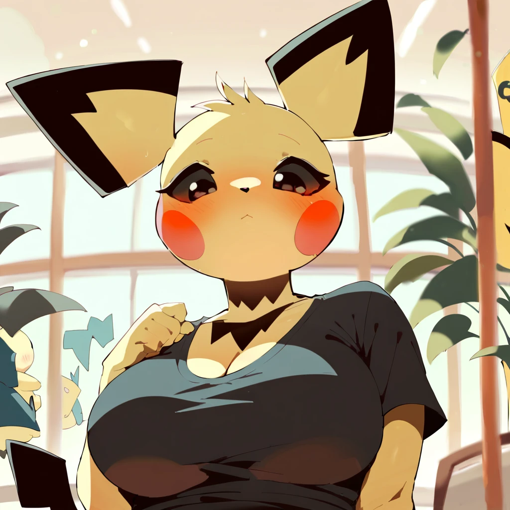 score_9, score_8_up, score_7_up, score_6_up, score_5_up, beautiful, outstanding, detailed, dof, bokeh, pichu, anthro, big breasts, wearing casual clothes, an anthro pichu shopping in a mall, blush, dorky, solo