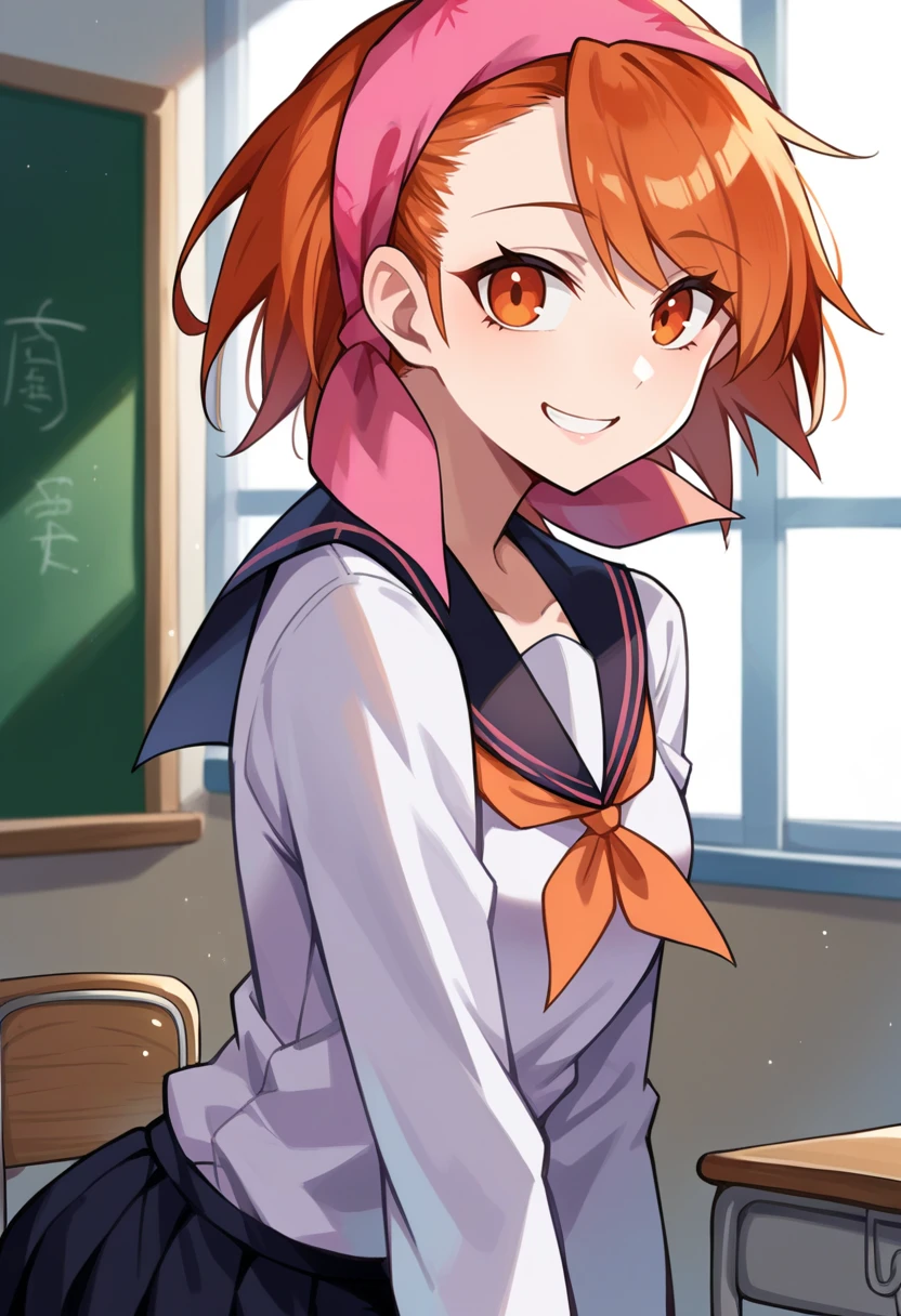 score_9, score_8_up, score_7_up, source_anime, BREAK, solo, 1girl, smile, looking at viewer,  <lora:Yuzu-pdxl_Fp:1>, yuzudesu, orange hair, orange eyes, short hair, bandana, white school uniform, long sleeves, orange neckerchief, black skirt, classroom,