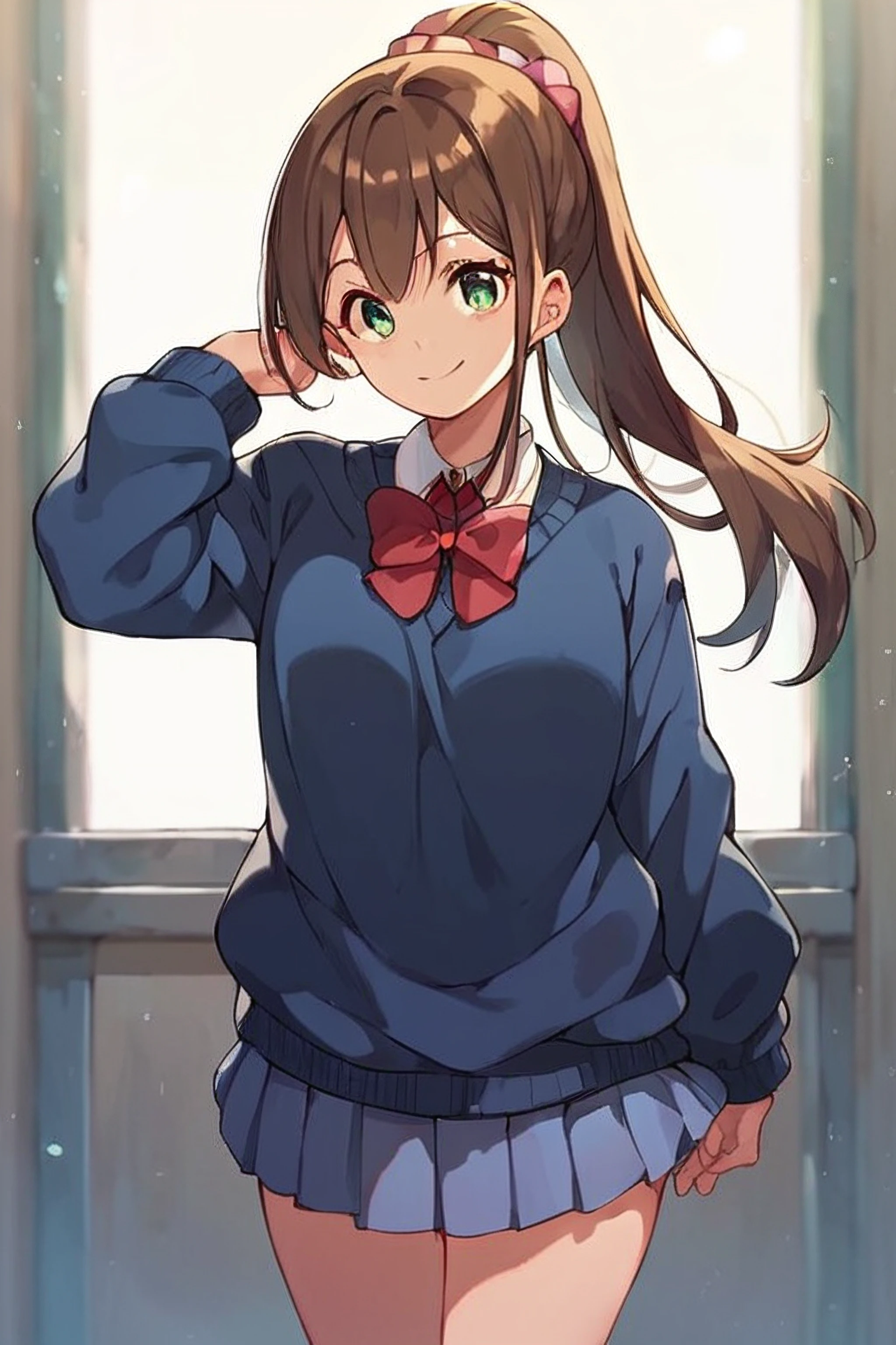 score_9, score_8_up, score_7_up, score_6_up, score_5_up, <lora:HonshouAru:0.7> HonshouAru, 1girl, solo, smile, looking at viewer, white collared shirt, pleated skirt, 8k, highly detailed, ponytail, blue sweater, red bowtie,