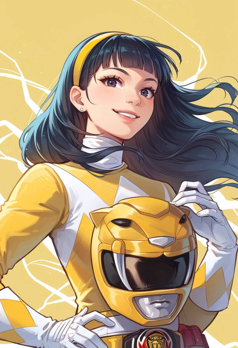 (score_9:0.9),score_8_up,score_7_up,rating_safe,anime style,(zPDXL),<lora:Yellow power rangerponyXL v1:0.8>,yellow bodysuit,yellow power ranger,yellow motorcycle helmet,1girl,solo,white gloves,looking at viewer,upper body,black eyes,holding helmet,helmet removed,blunt bangs,smile,long hair,black hair,trini kwan,yellow hairband,floating hair,