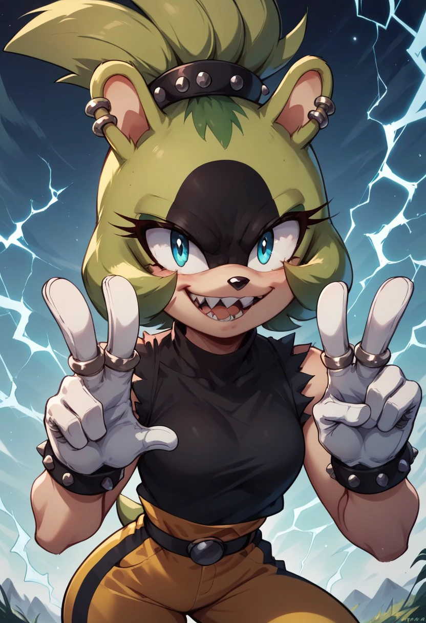 score_9,score_8_up,score_7_up, ultra quality, upper body, 1girl, Surge the tenrec, sharp teeth, anthro, mobian, multicolored body, green fur, black fur, tied hair, blue eyes, green hair, black shirt, studded bracelet, studded hairband, rings, leaning forward, yellow pants, sleeveless, white gloves, electricity, v sign, 4k, hi res, sky background