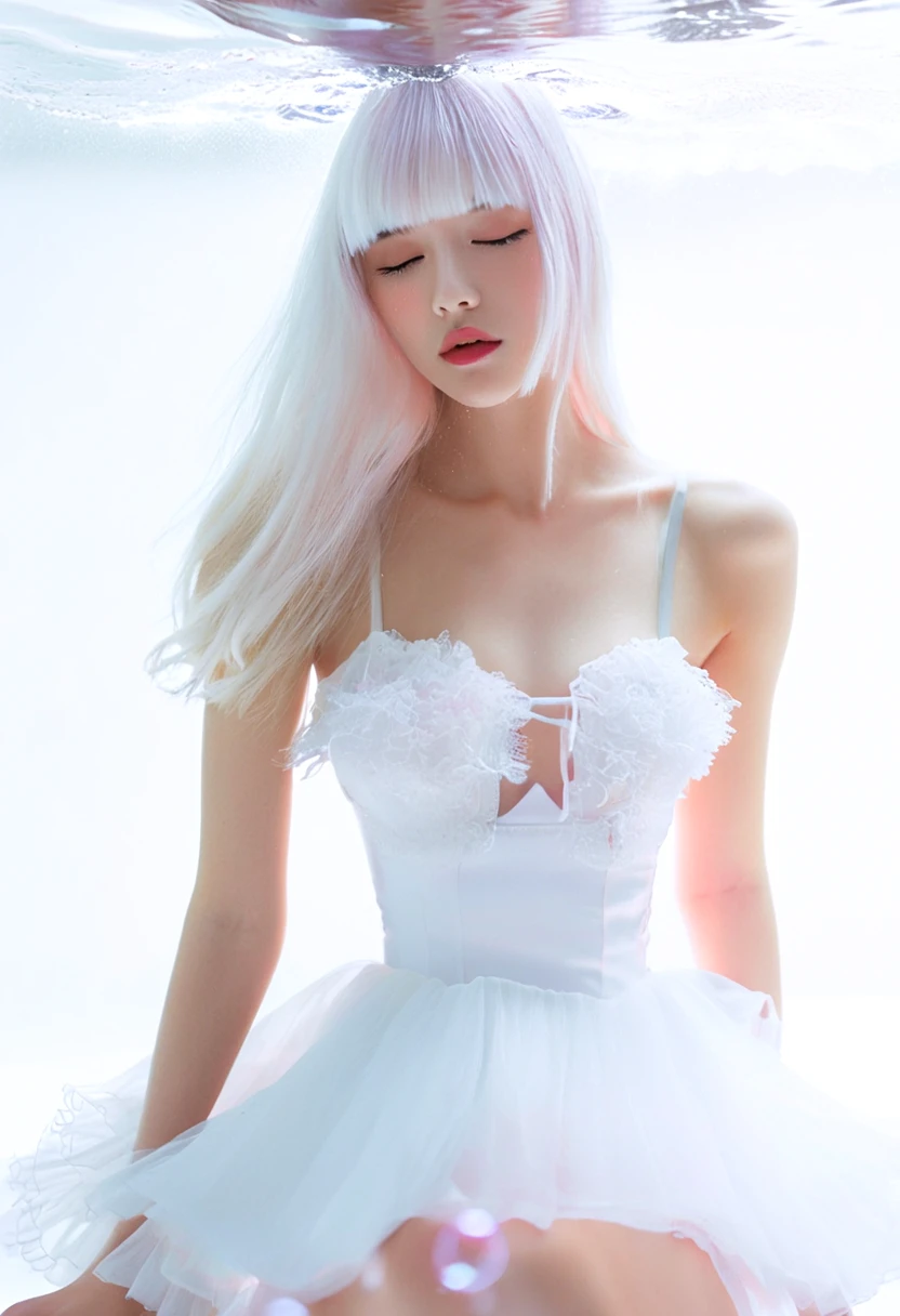 photorealistic, black eyes, dal, 1girl, solo, long hair, breasts, blush, simple background, white background, dress, closed mouth, bare shoulders, medium breasts, closed eyes, white hair, cowboy shot, frills, sleeveless, blunt bangs, white dress, water, sleeveless dress, floating hair, bubble, underwater, air bubble, submerged, detailed background, film photography aesthetic, film grain, analog photography,