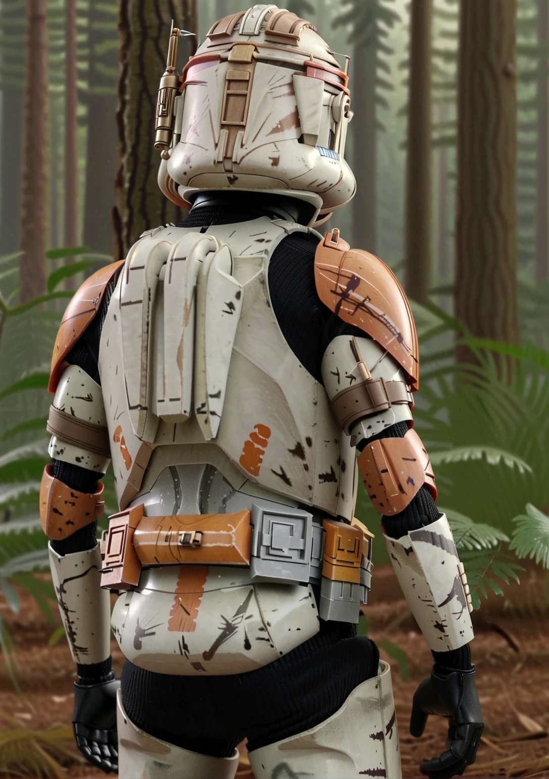 (upper body shot1.5) of <lora:Clone_Trooper_Cody:1> Clone Trooper Cody is wearing body armor and a helmet, rear view, view from behind, background of a forest, <lora:Film lora:0.5> realistic film photography <lora:filmicVibesXL_v1.1:0.4> filmic, (intricately detailed:1. 2), mood, raw photo, DSLR, 8k, 4k, UHD, DSLR, high quality, soft lighting, nikon, canon