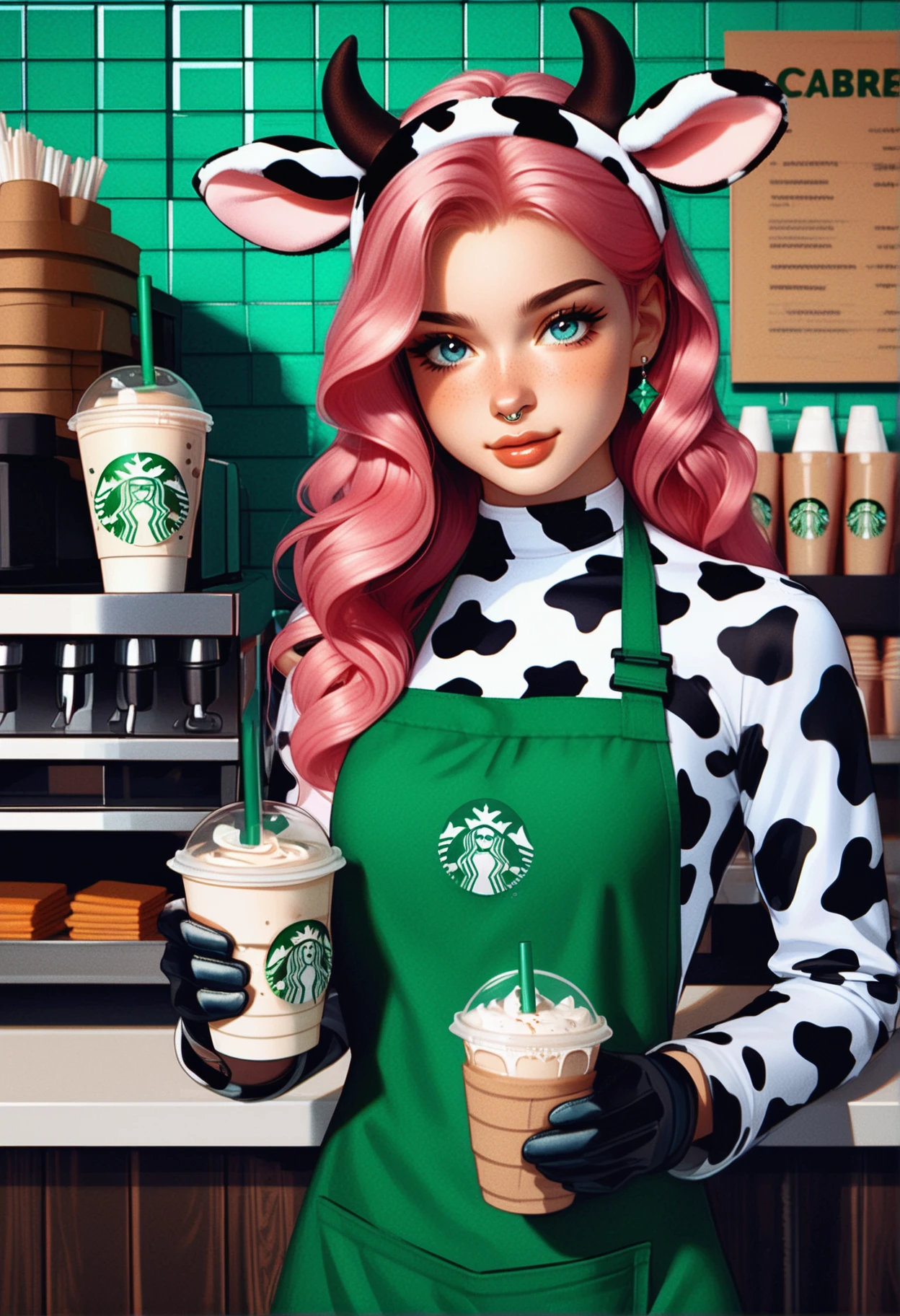 score_9_up,score_8_up, score_7_up,score_6_up,
1girl,  sbgirl.  nose ring.piercing,     looking at viewer, perfect eyes. long hair. holding. cup, coffee shop,  seductive look. short. cow print, cow ears, fake animal ears, cow horns, horns, apron, swimsuit, overalls, starbucks logo, green apron. long sleeves. gloves. detailed background. pink hair.