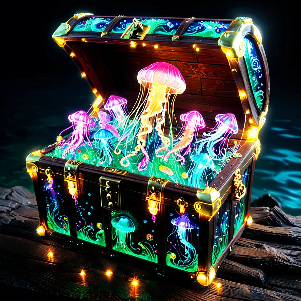 masterpiece,
jellyfishstyle, treasure chest,glow
 <lora:jellyfish-xl:0.8>