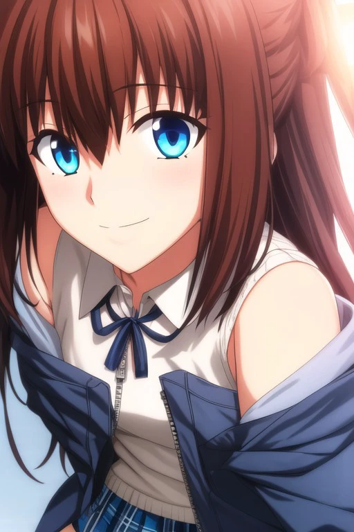 (masterpiece), best quality, expressive eyes, perfect face, HDR, UHD, 8K, Cinematic Lighting, lens flare, (1girl), solo, multicolor hair, long hair, brown hair, purplish pink ends, light blue eyes, sleeveless, white sweater, blue jacket, hanging loosly, over shoulder, fully unzipped, plaid skirt, red, black, cheerful expression, small smile, Takashi Takeuchi artstyle, sharp focus, close-up view,