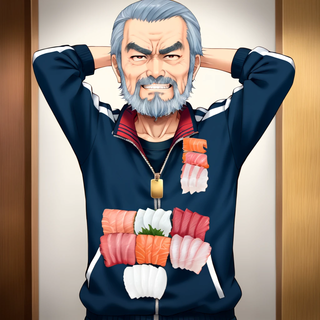 <lora:sashimi_SDXL:0.7>,
grey_hair, male_focus, thick_eyebrows, beard, mustache, manly, animification, old_man, sushi locket, sashimi dog_tag, evil grin blue_T_tracksuit, mature beard thin old man, isaku, shuusaku, kisaku, arms behind head