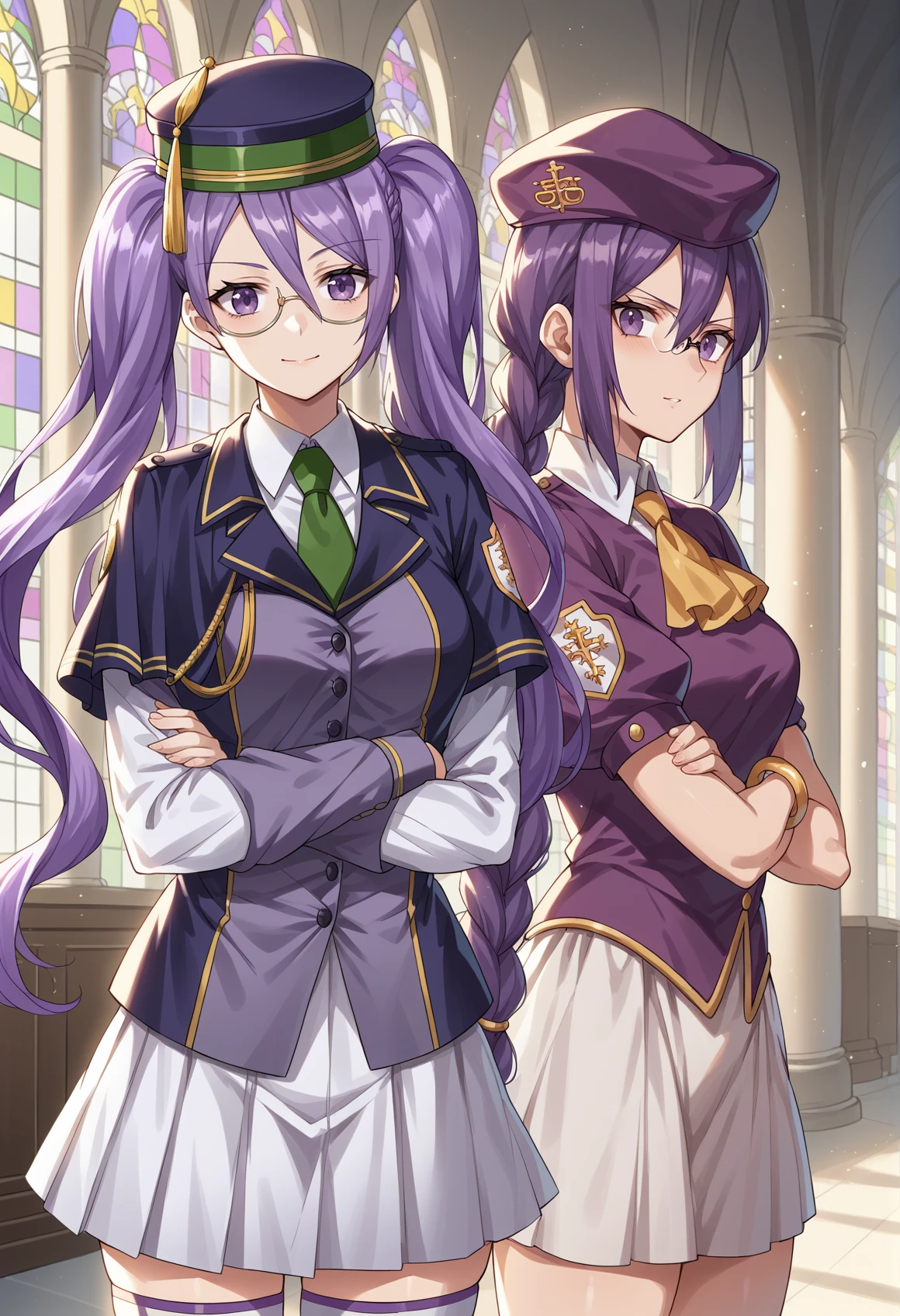 2girls, sisters, back to back, indoors, mansion, smile, long hair, purple hair, twintails, purple eyes, mortarboard, hat, school uniform, White shirt, long sleeves, vest, green necktie, capelet, white skirt, thighhighs, glasses, crossed arms
BREAK
2girls, sisters, back to back, indoors, mansion, expresionless, 1girl, long hair, purple hair, braid, purple eyes, purple beret,  military uniform, short sleeves, puffy sleeves, ascot, white skirt, thighhighs, bracelet, crossed arms  <lora:Sion_XL-000009:1>, score_9, score_8_up, score_7_up, score_6_up, score_5_up, score_4_up, BREAK source_anime, masterpiece