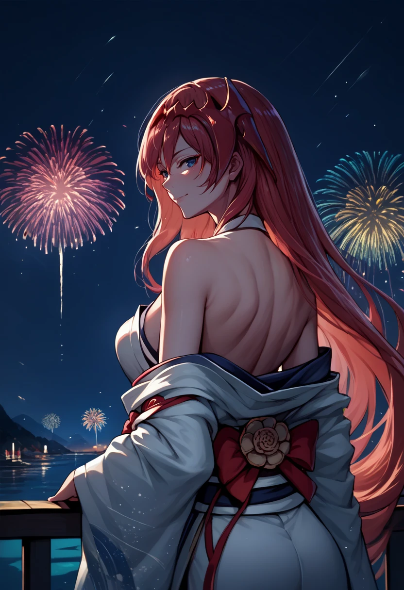 score_9, score_8_up, score_7_up, source_anime, from behind, solo, 1girl, alexieldef, light smile, looking back, hair ornament, japanese clothes, white kimono, off shoulder, bare shoulders, fireworks <lora:gbf_godswornalexiel_ponyXL:1>