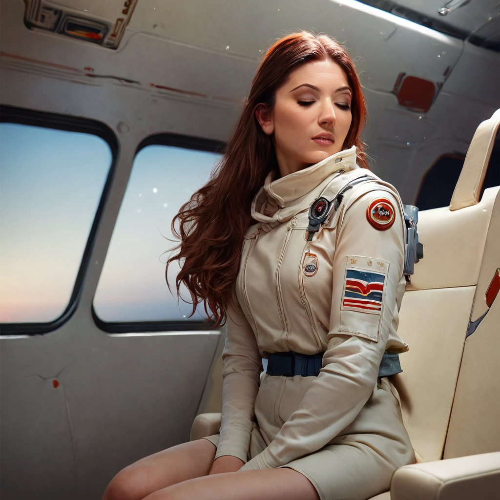 score_9, score_8_up, score_7_up, cartoon, anime, 1girl,  24 year old Hungarian girl, reddish brown hair, long hair, pale skin, miaevans girl <lora:MiaEvans:1>, fully dressed in (space pilot suit) with rank insignia, futuristic space ship interior, sitting at ease in pilot seat