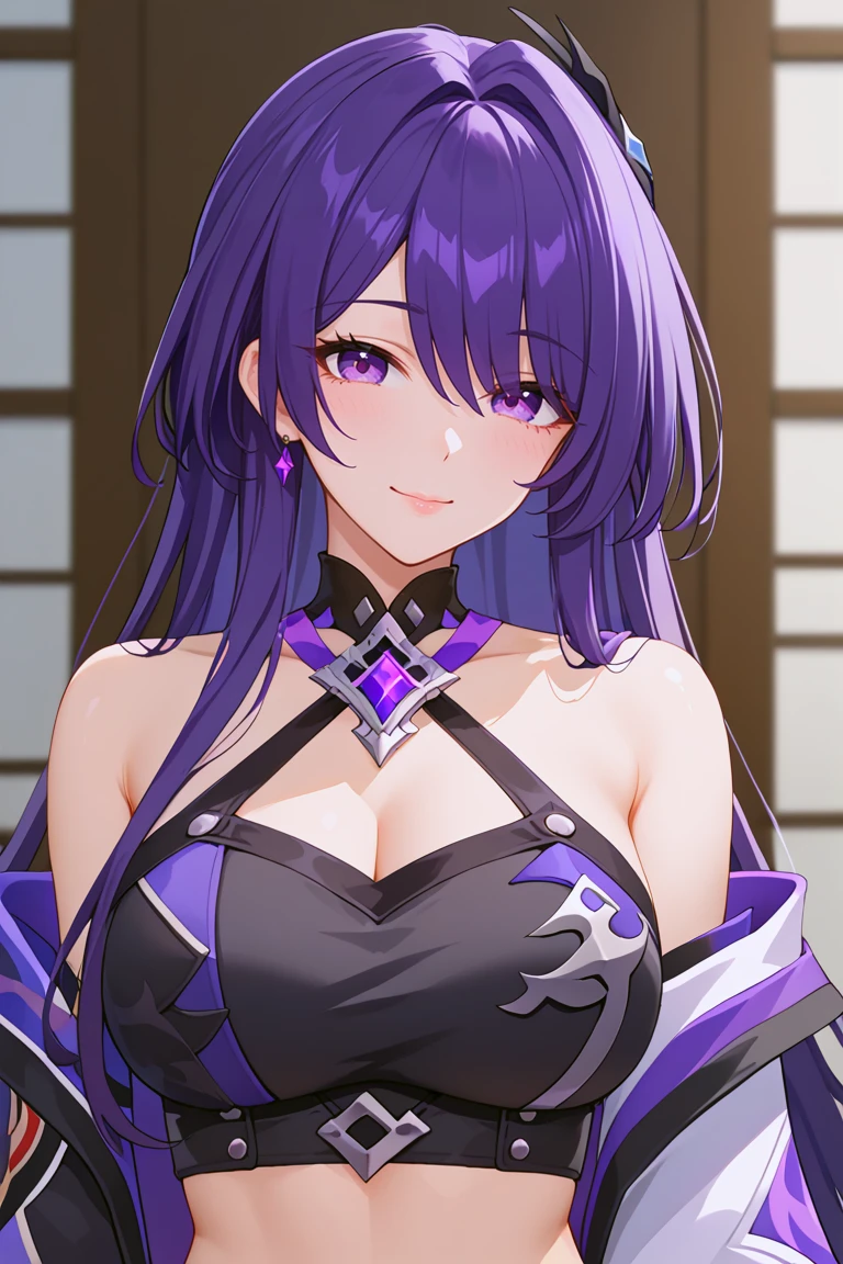 masterpiece,high quality,anime_source,score_9,acheron,AcheronBren,1girl,long hair,purple hair,mature female,purple eyes,bare shoulders,bare_midriff,single boot, shorts shorts, black shorts, crop top, beautiful eyes, tall female, focus face, close up, beautiful smile, beautiful eyes<lora:EMS-384508-EMS:0.200000>, <lora:EMS-426202-EMS:0.700000>