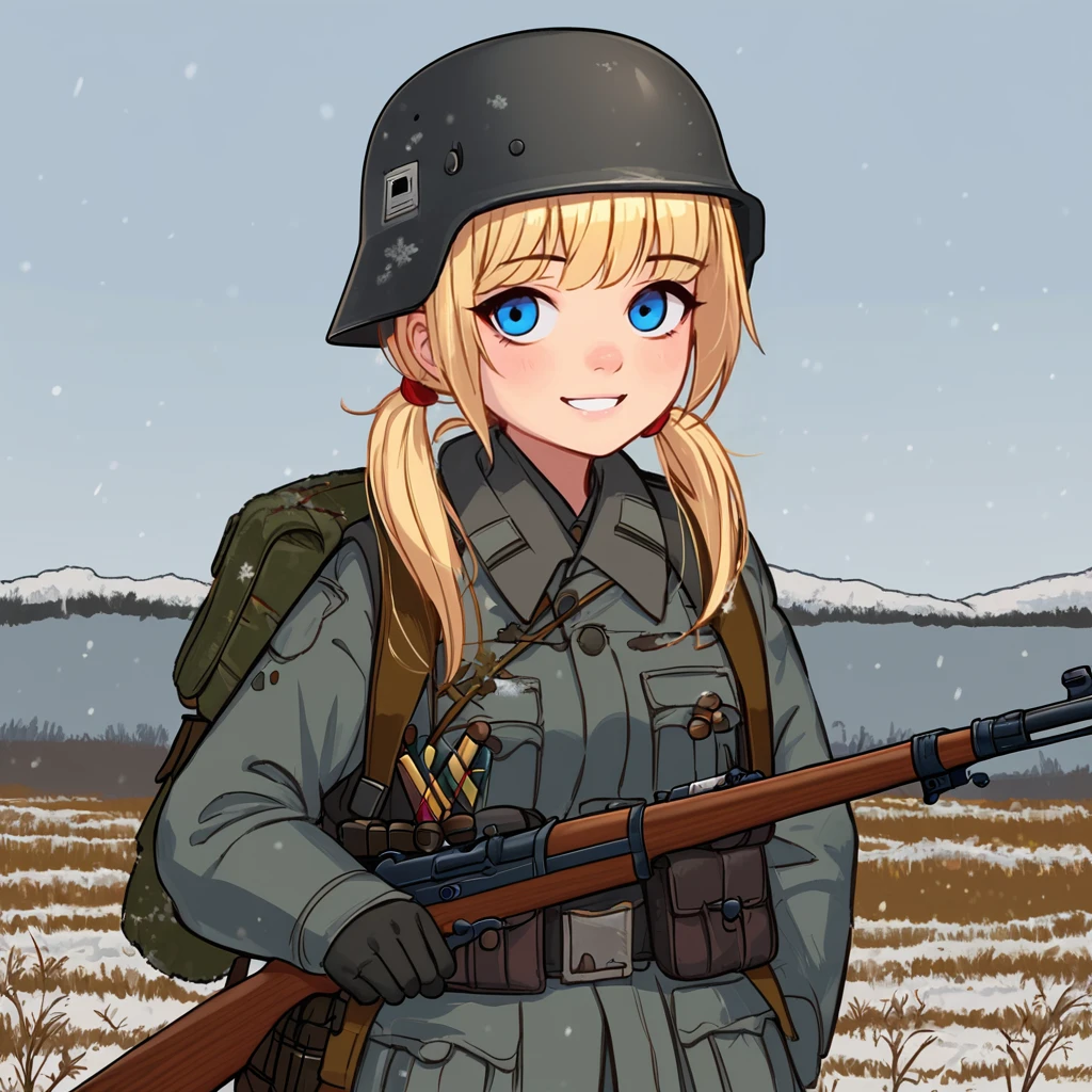 score_9, score_8_up, score_8_up,raw,
1girl, solo, (nsfw), standing, full shot, from front, twintails, blonde hair, brown hair, (blue eyes, nose, smile), petite,
grey uniform, grey military uniform, ammunition pouch, grey helmet, backpack, (rifle:1.4),
snow covered field, scenic background, (snow:1.2), dark outside,
p4st3lg0r3, n30nc4t, wehr, <lora:p4st3lg0r3XLP:0.55>, <lora:n30nc4tXLP:0.35>, <lora:age_slider_v4:-1>, <lora:Wehrmacht_And_Officers__World_War_2:1>