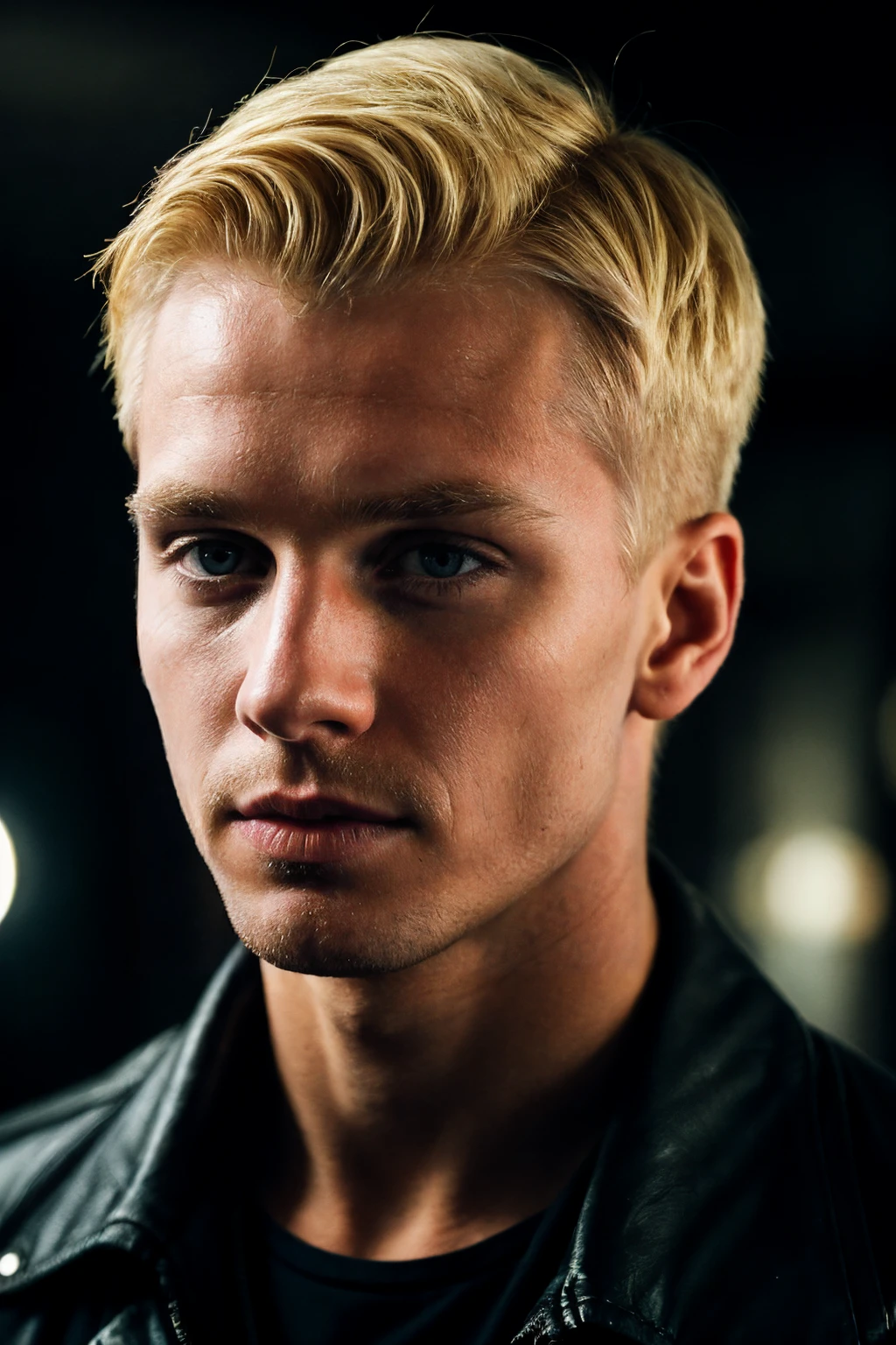 a  blonde haired young male,  with short hair, a spy, swedish male, close up, underground cave in the background, dark style, cinematic feel, blurry background <lora:add_detail:0.8>