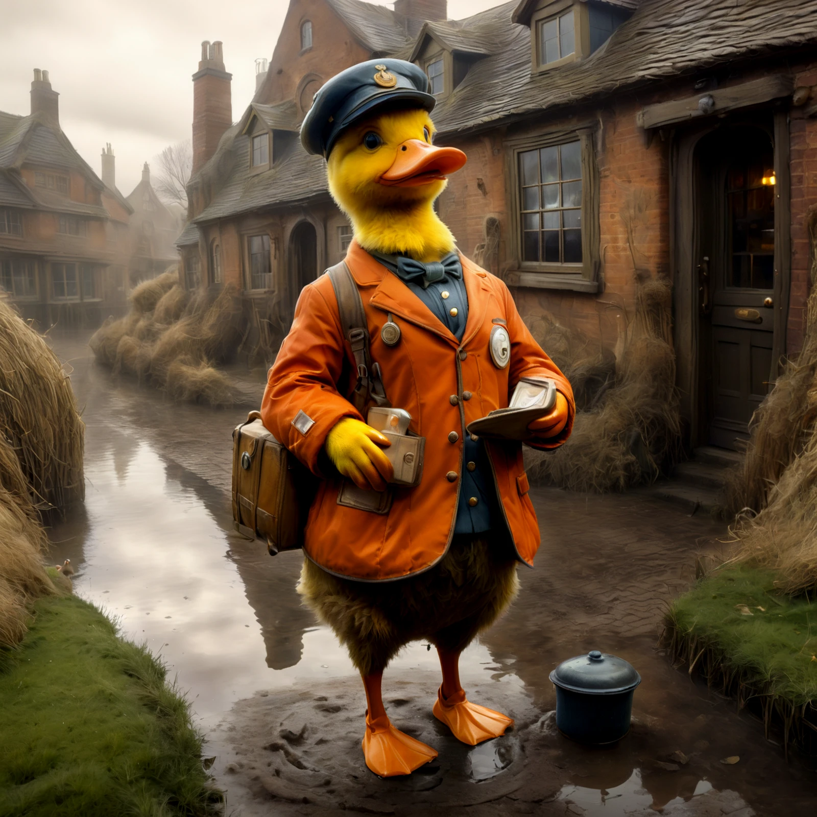 A duck dressed as a postman. 

Atmospheric. Rustic.

<lora:WhimsyLondon2_CE_SDXL:0.85> WhimLonCE