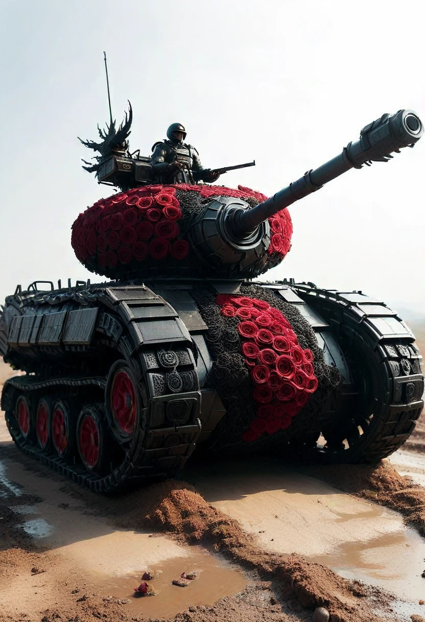 (medium full shot) of dragon BL4CKR3DR0S3S, located in a breakthrough point on the battlefield, with heavy resistance and high stakes, the tank leading the charge, ,Masterpiece,best quality, photo, realistic, very aesthetic