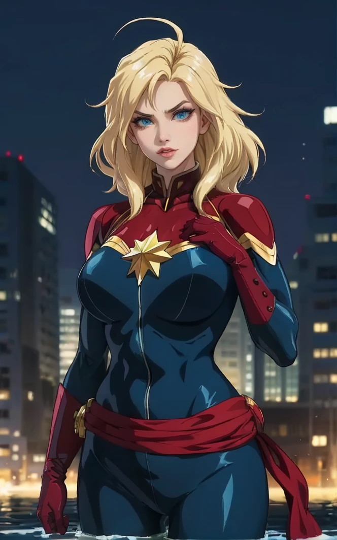 ((masterpiece, best quality)), outdoors,
ANIME_CaptainMarvel_ownwaifu,
1girl, blonde hair, long hair, blue eyes, eyelashes, large breasts, bangs, lips, collarbone, lipstick, makeup,
blue bodysuit, sash, bodysuit, turtleneck, superhero, gloves, star (symbol), red gloves, skin tight, belt, shiny, 
(wading, water)<lora:ANIME_CaptainMarvel_ownwaifu:0.9>,
 depth of field, bokeh, vanishing point, solo, looking at viewer, insaneres, absurdres,