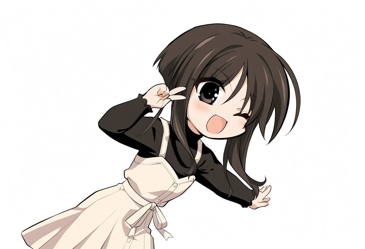 <lora:ciallo:1>, 1girl, solo, tsubame\(memories off 2\), ciallo, chibi, one eye closed, open mouth, ;d, brown hair, black long hair, black eyes, long sleeves, waist ribbon, black shirt inside, eggnog-color dress, best quality, very aesthetic, absurdres <lora:tsubame:1>