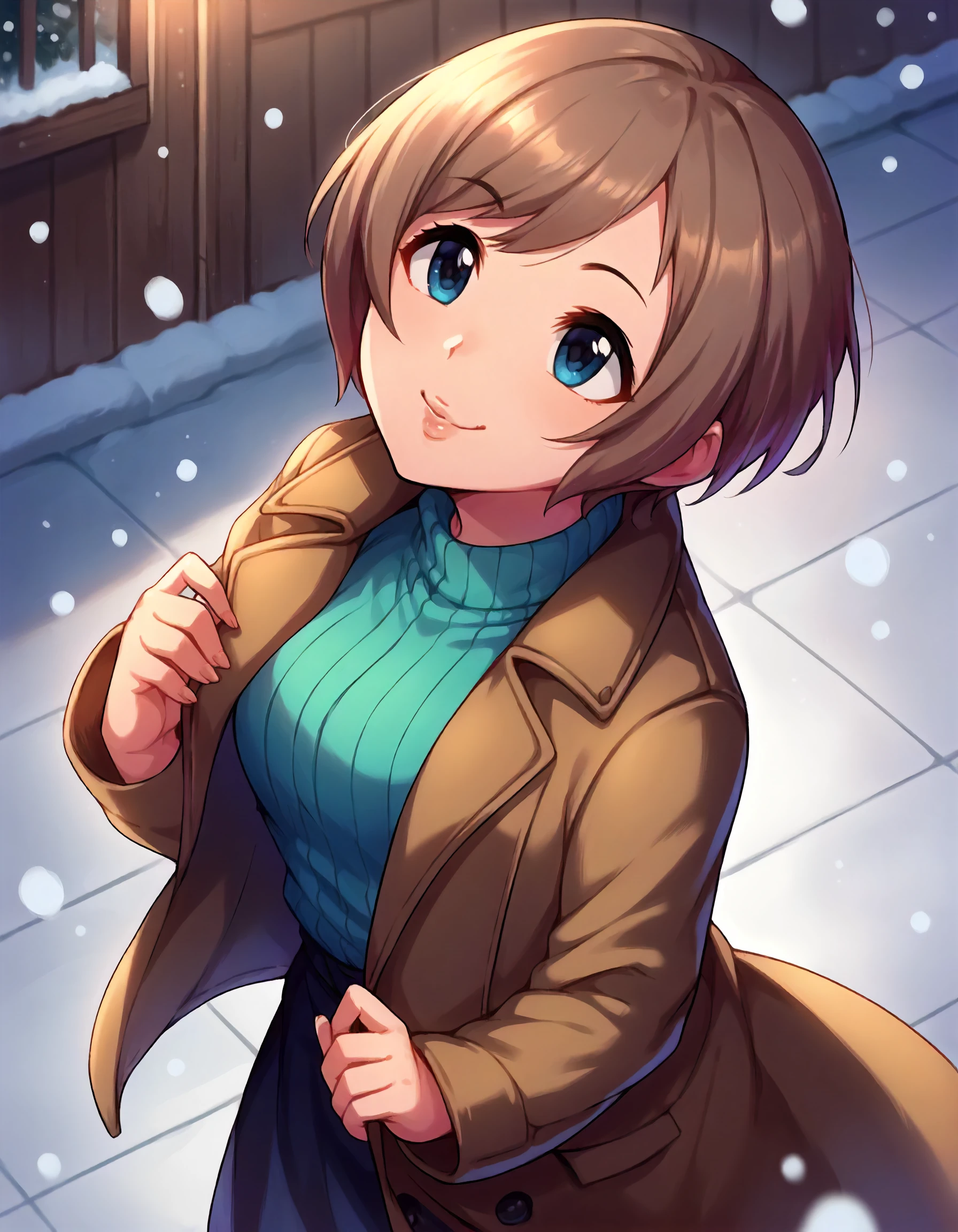 score_9,score_8_up,score_7_up,1girl,solo,looking up,(surprised:0.4),smile,snowing,from above,(lips:0.7),
<lora:manakamisato_ponyXLV6:0.8>,cgmms,brown hair,short hair,blue eyes,duffel coat