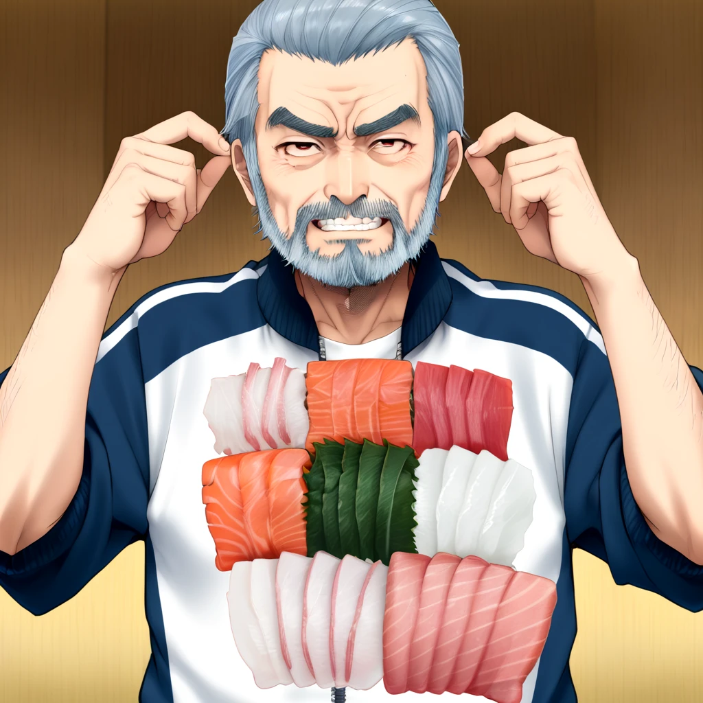 <lora:sashimi_SDXL:0.7>,
grey_hair, male_focus, thick_eyebrows, beard, mustache, manly, animification, old_man, sushi locket, sashimi dog_tag, evil grin blue_T_tracksuit, mature beard thin old man, isaku, shuusaku, kisaku, hands up