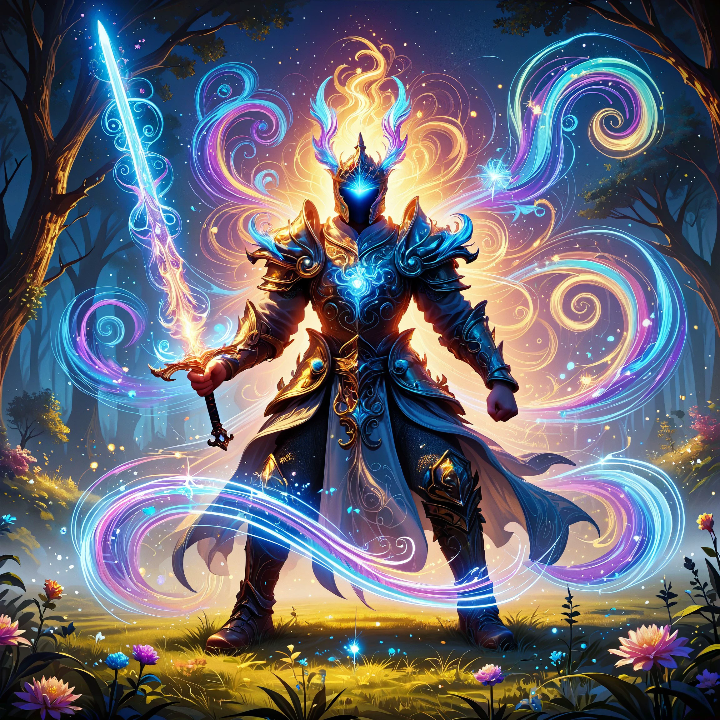 Score_9, score_8_up, score_7_up, score_6_up, score_5_up, score_4_up, lumina, mystical, multicolored, glowing, swirling, glowing magical energy.    weapon, sword, armor, solo, flower, tree, 1boy, male focus, glowing, grass, outdoors, helmet, night, sky, holding sword, standing, nature, holding weapon, glowing weapon, clenched hand, holding, fantasy, boots, fantasy, vibrant colors, ethereal atmosphere, otherworldly glow, neon lights, colorful aura, sparkling ambiance, bioluminescent elements, enchanted forest, vivid lighting, bright illumination, multicolored lights, dynamic light effects, mystical scene, surreal scenery, fantasy art, high detail, vibrant palette, blue, purple, pink, orange, yellow, green, neon, glowing, wonder, awe, enchantment, magic, digital painting, high contrast, whimsical, captivating pose, dynamic composition, close up,  swirling, glowing magical energy.    <lora:Selftrained\Lumina_Mystica10:0.5>